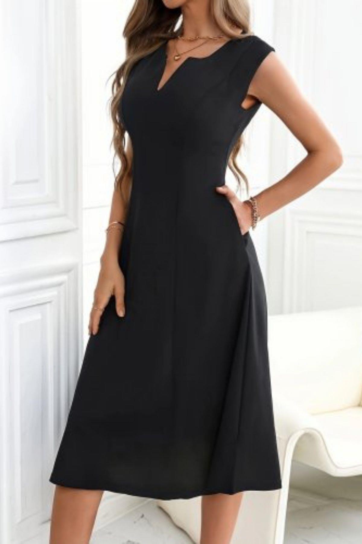 Kolsuz V Yaka Midi İthal Krep Elbise - Siyah