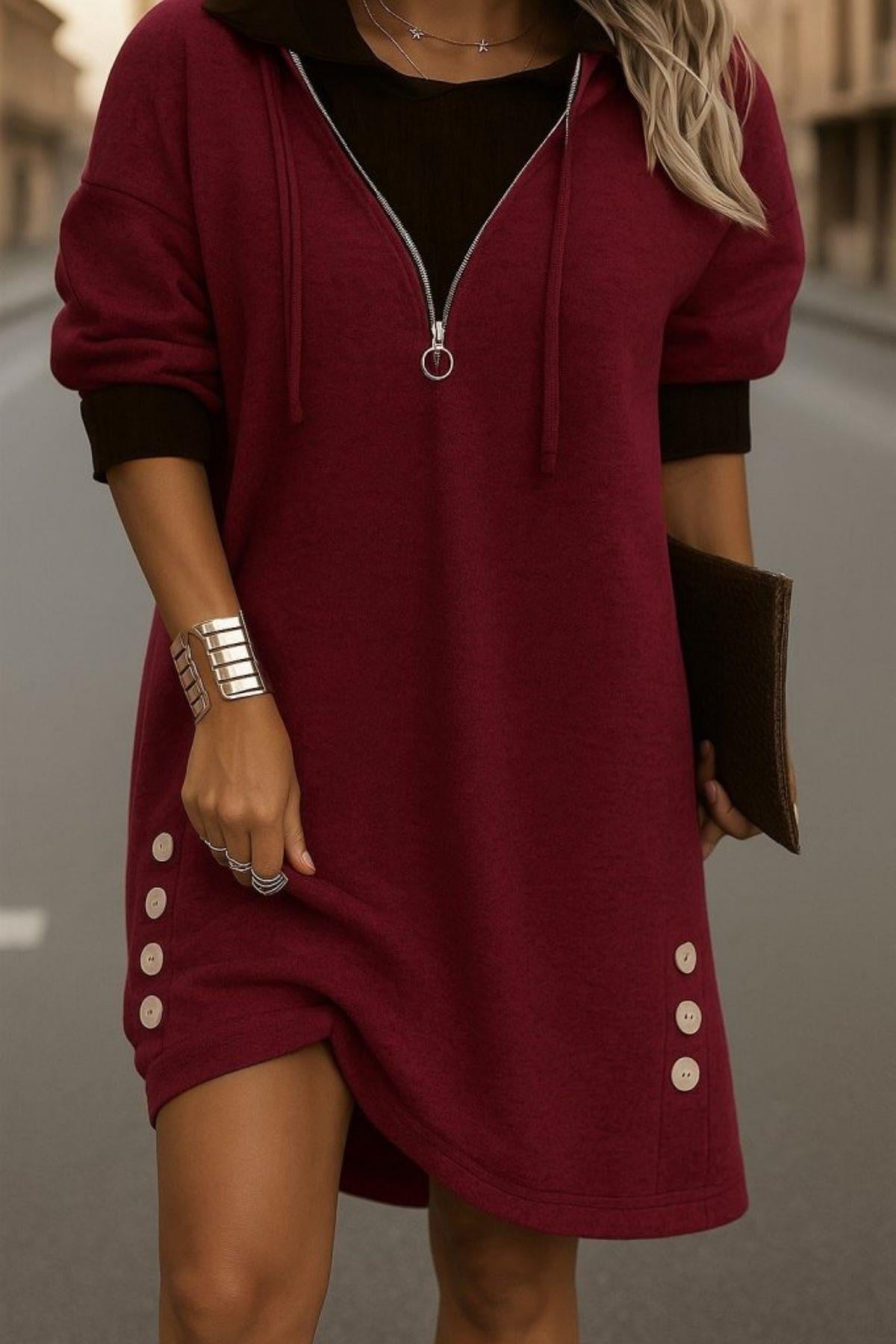 Kapüşonlu Fermuarlı Kısa İki İplik Elbise - Bordo