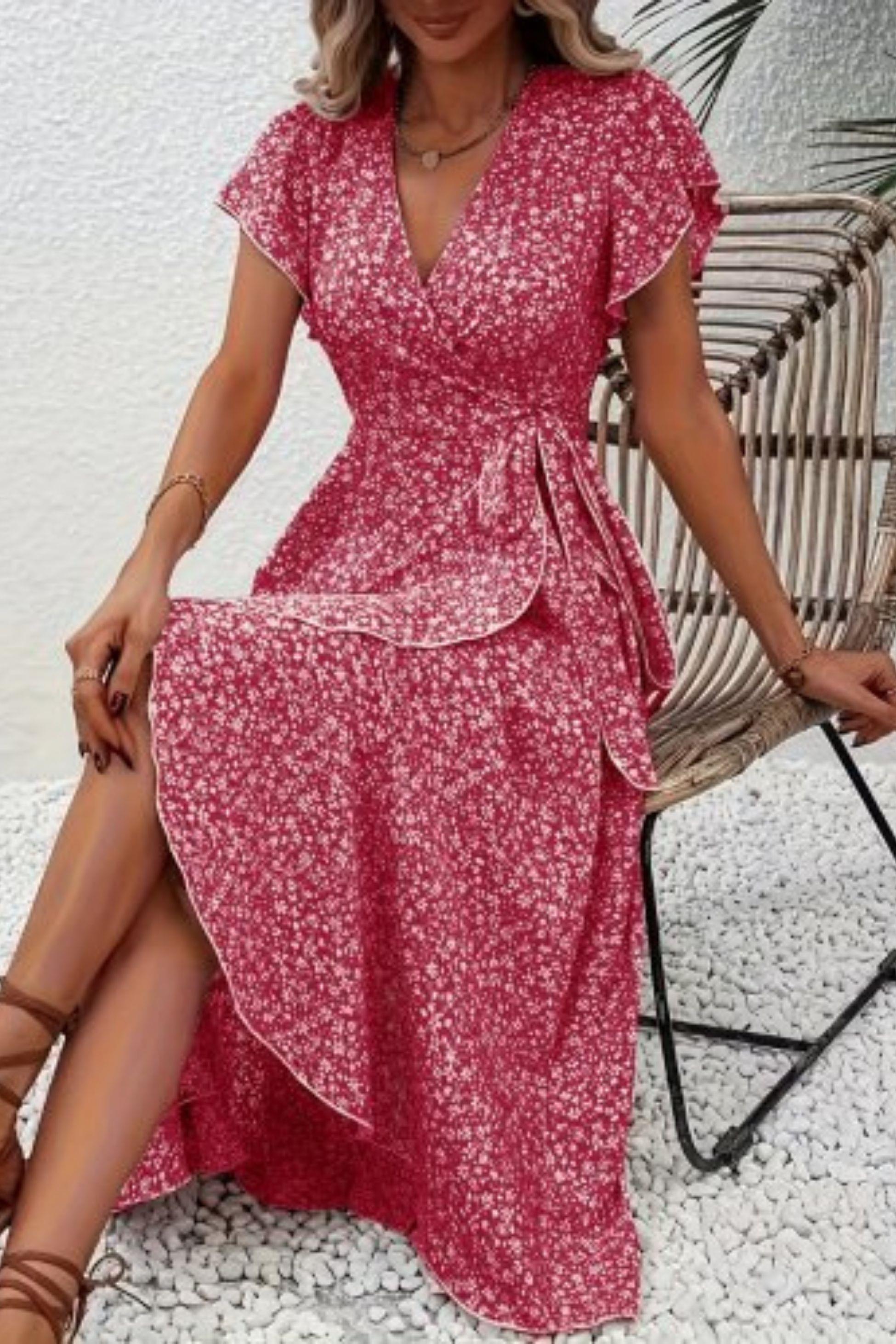 Fırfır Detaylı Kruvaze Yaka Desenli Süprem Elbise - Pembe