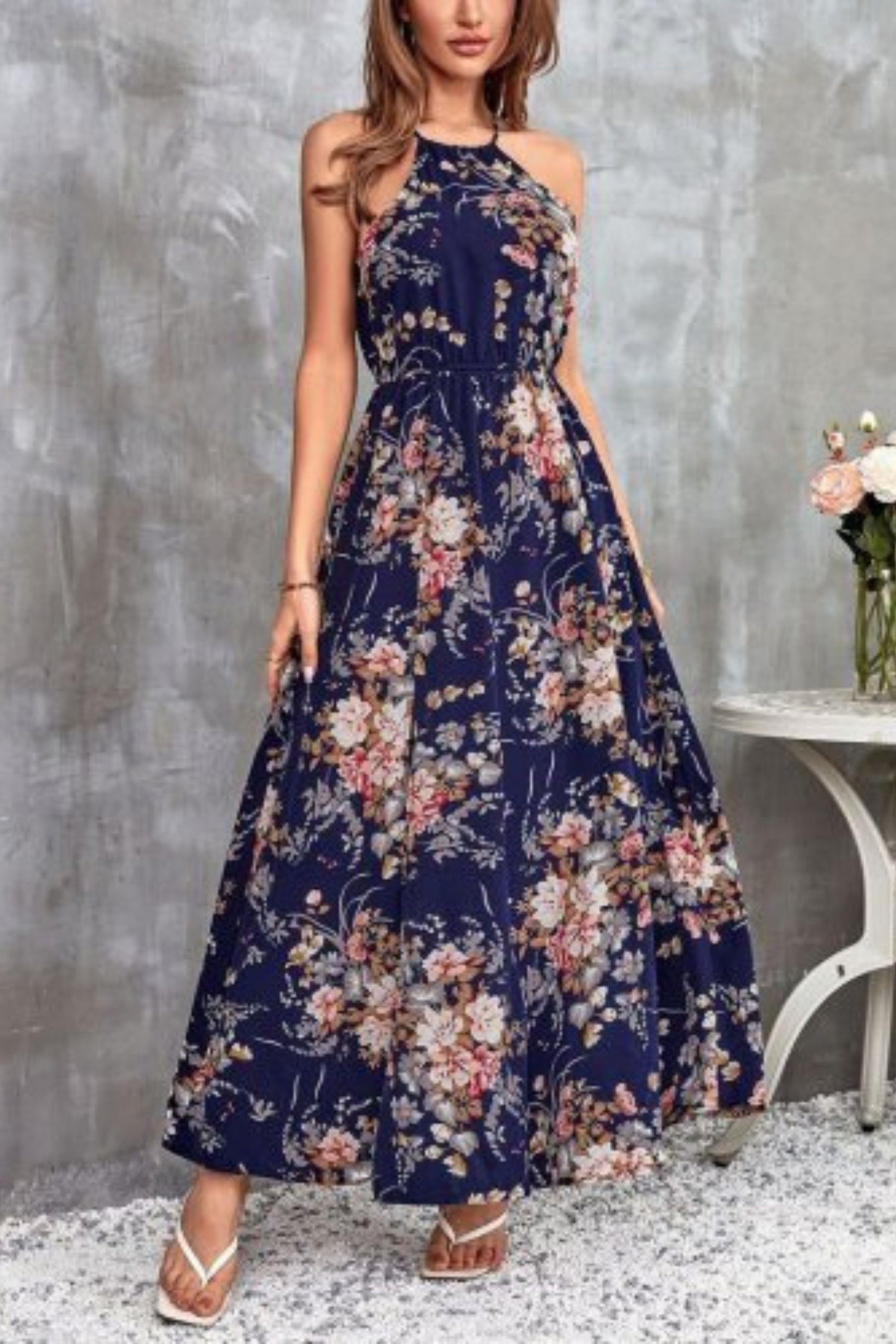 Halter Yaka Yırtmaç Detaylı Çiçek Desenli Süprem Elbise - Lacivert