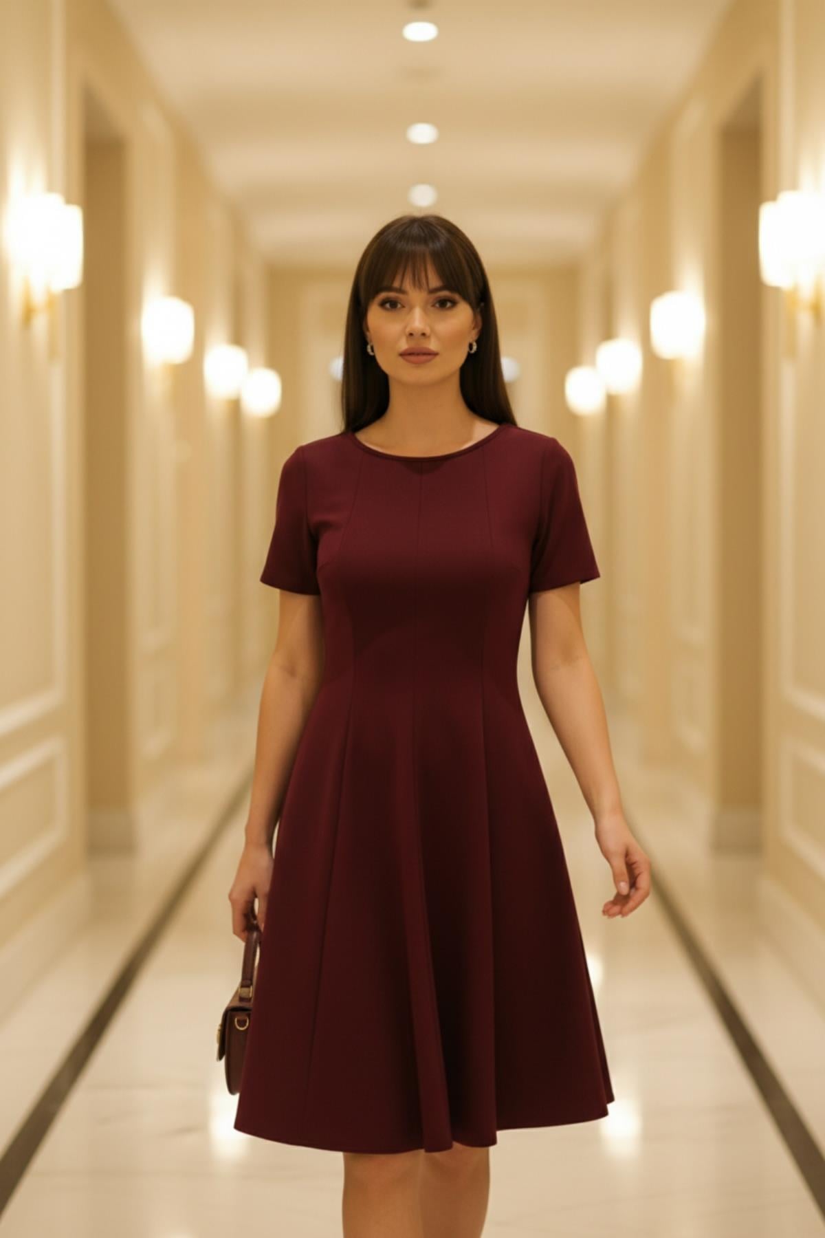 Kısa Kollu Kloş Krep Elbise - Bordo