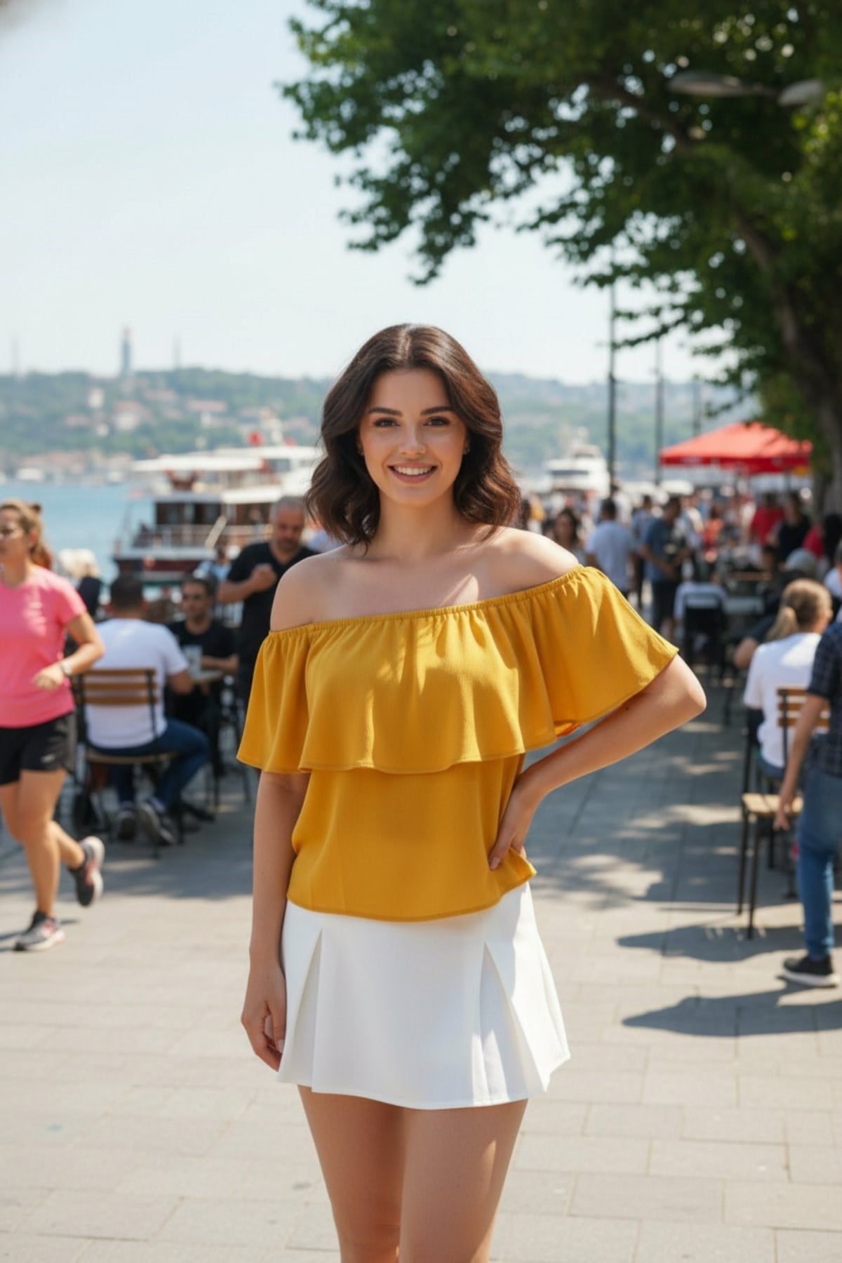 Straplez Volan Detaylı Dubai Bluz - Sarı