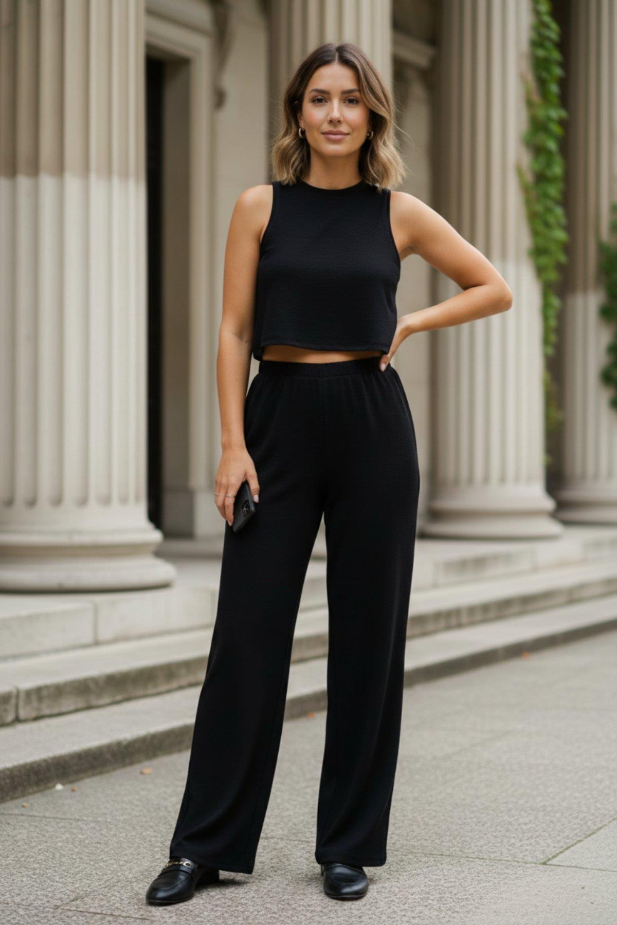 Kadın Crop Bluz Bol Paça Pantolon 2'li Takım Siyah