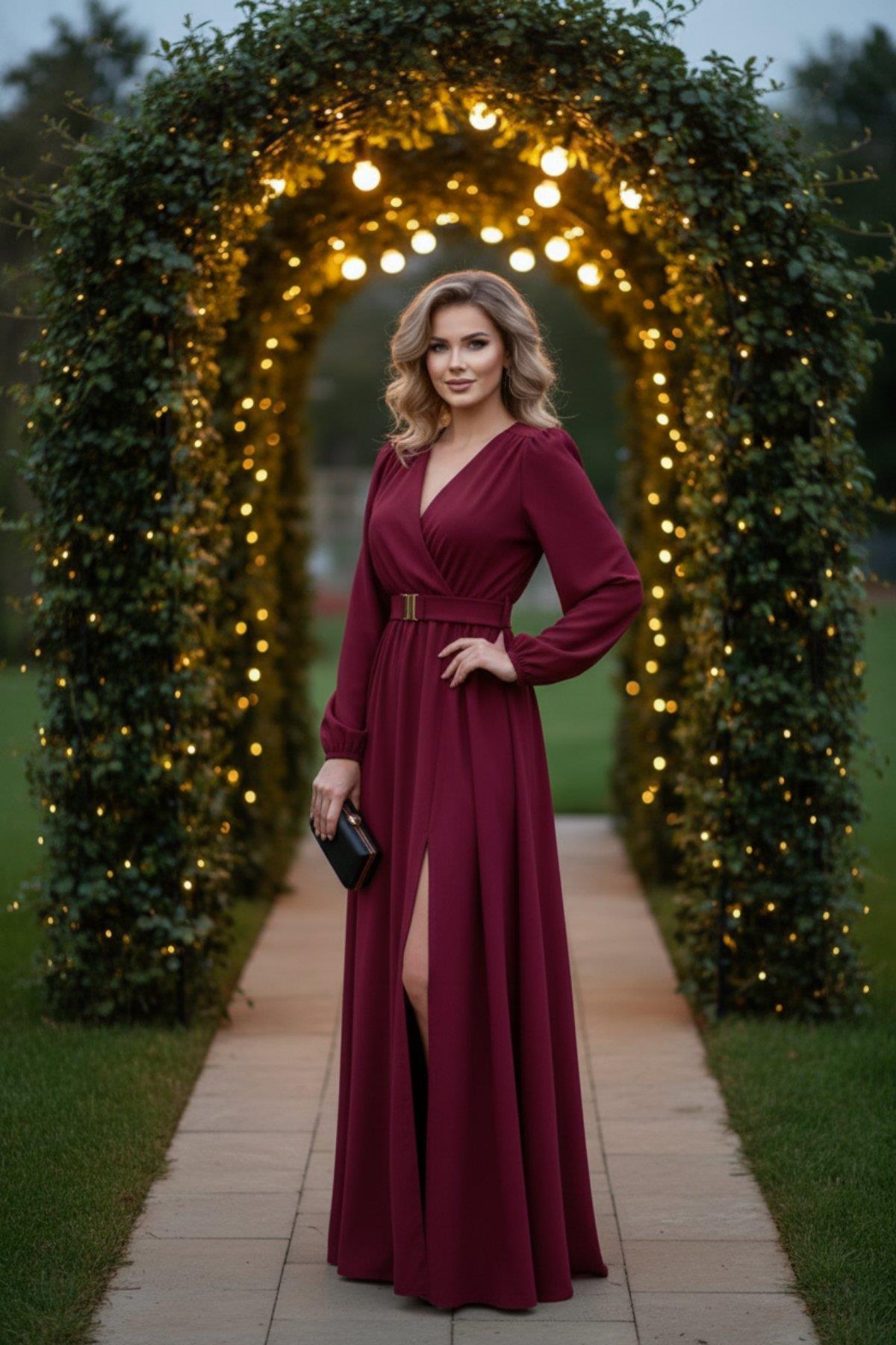 Kruvaze Yaka Kemerli Uzun İthal Krep Elbise - Bordo