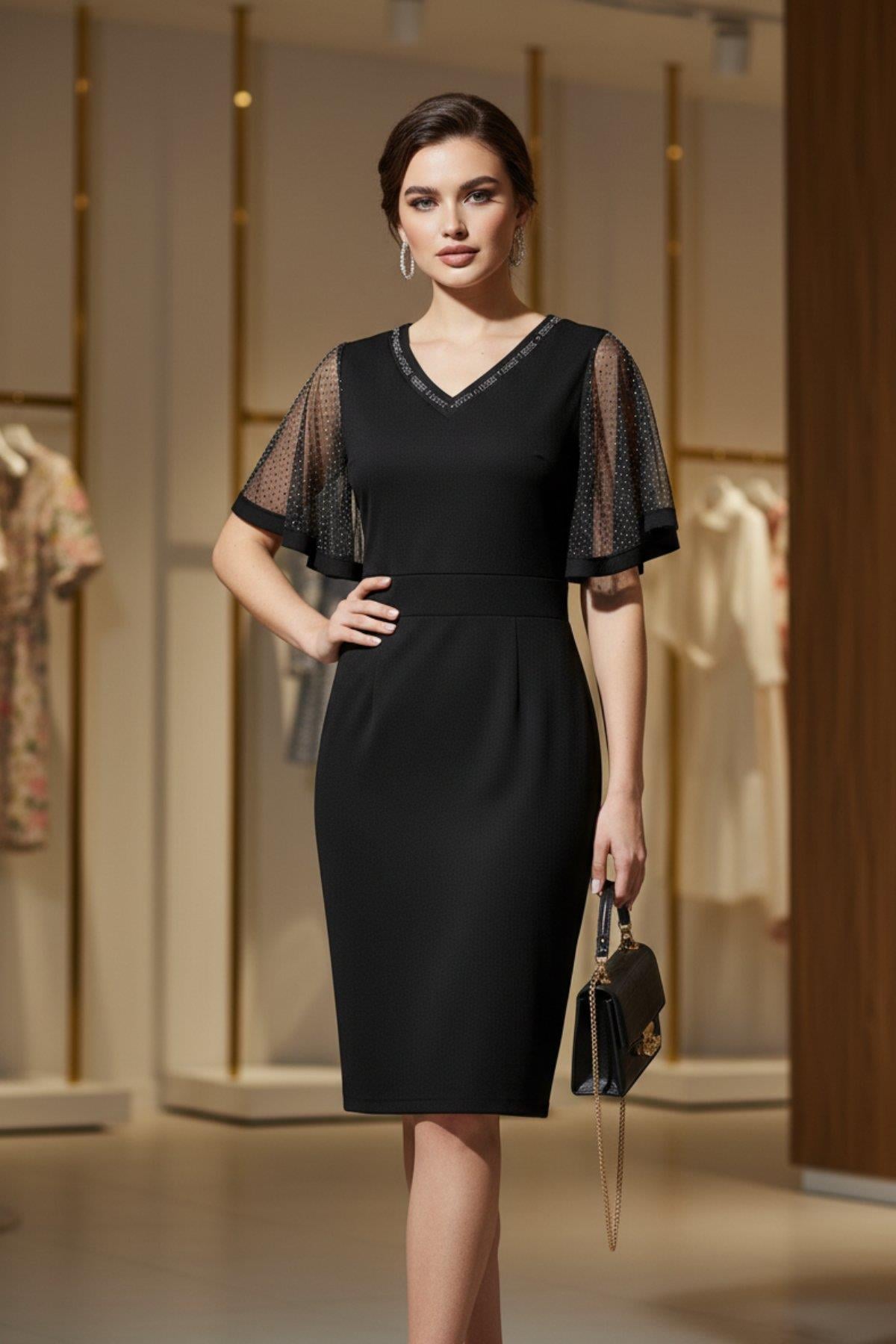 Pelerin Kol Detaylı Işıltılı Midi İthal Krep Elbise - Siyah