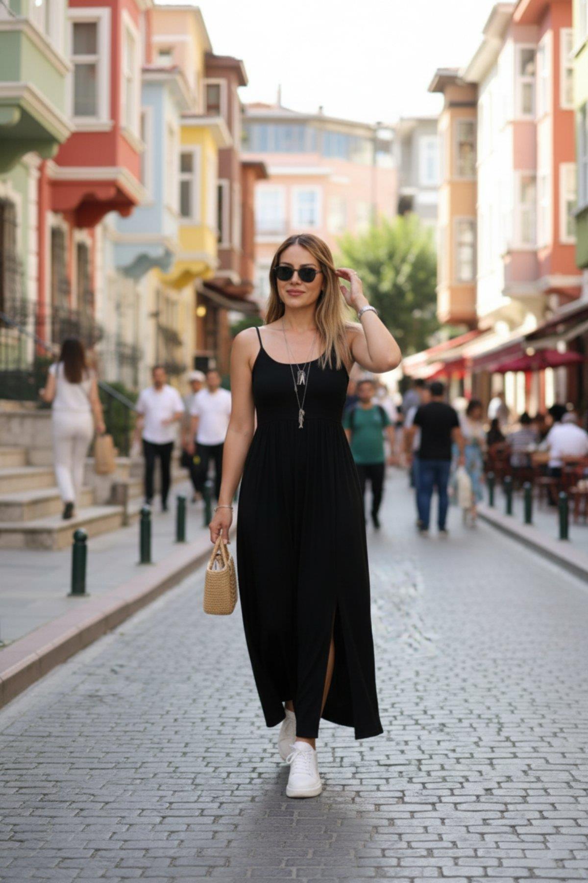 İp Askılı Yırtmaçlı Uzun Viskon Elbise - Siyah