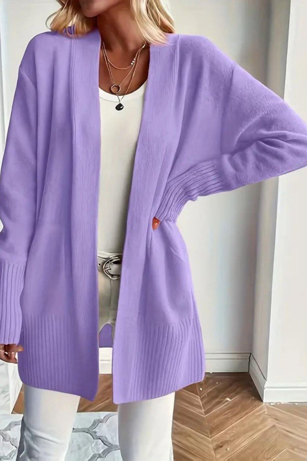 Uzun Kollu Dökümlü Triko Ceket - Mor