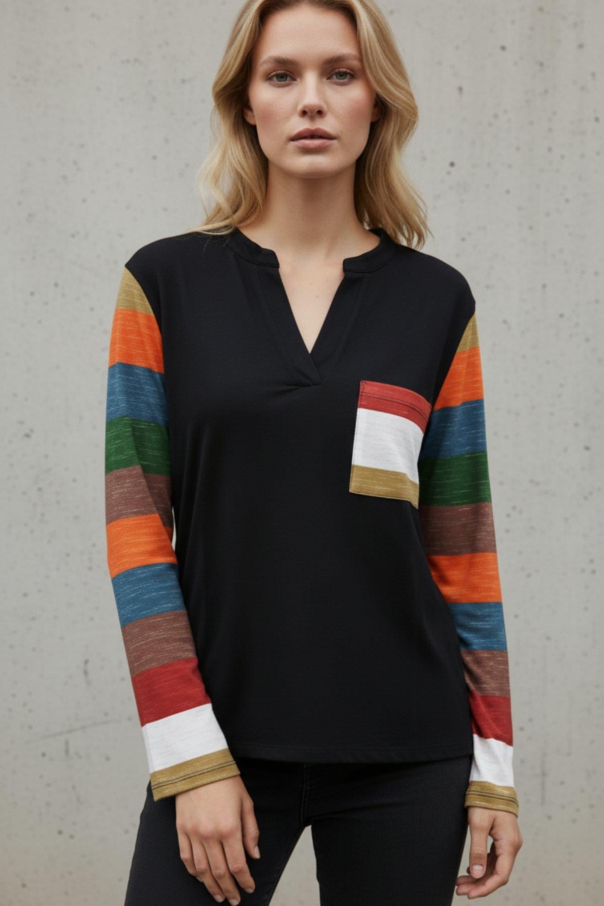 Cep Detaylı V Yaka Kadın Viskon Bluz - Siyah