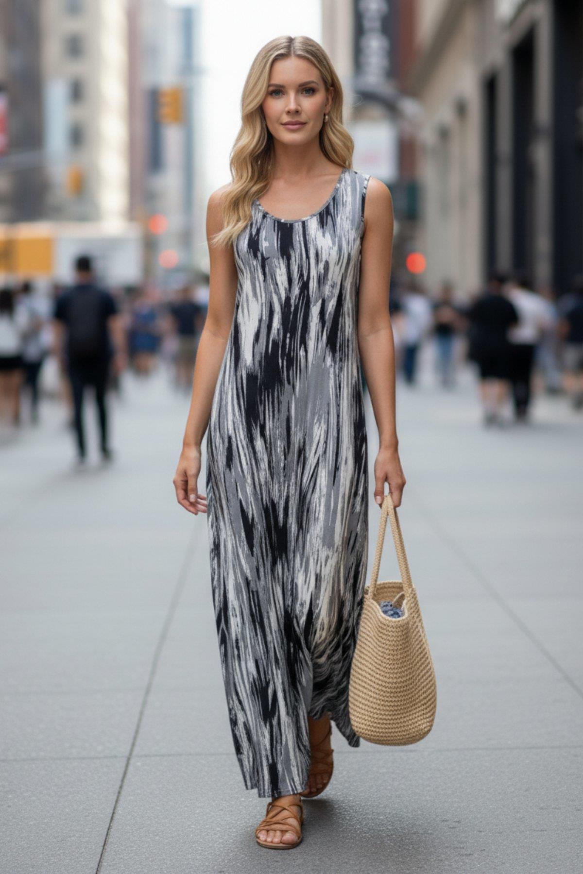 Yuvarlak Yaka Kolsuz Uzun Süprem Elbise - Siyah