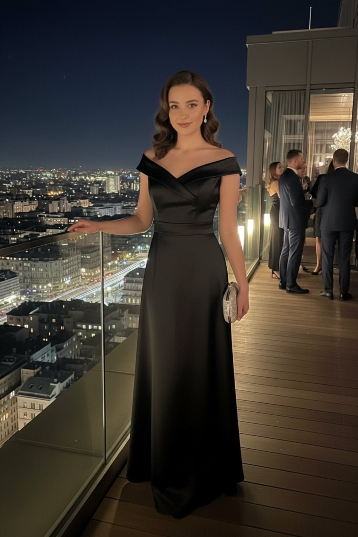 Kruvaze Yaka Uzun Saten Elbise - Siyah