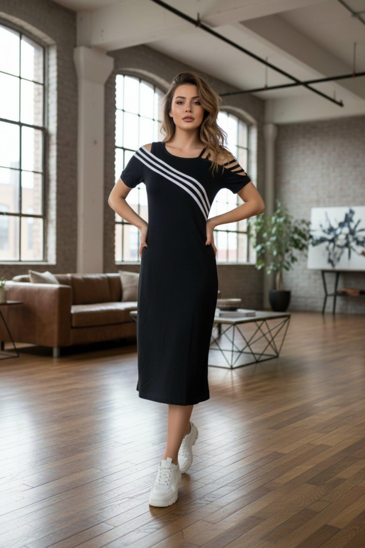 Asimetrik Yaka Askı Detaylı Kısa Kollu Midi Boy Viskon  Elbise -Siyah