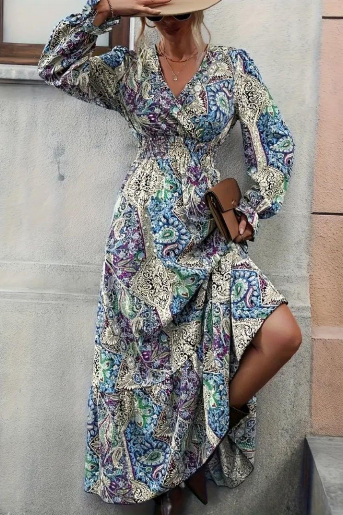 Kruvaze Yaka Desenli Uzun Süprem Elbise - Mavi