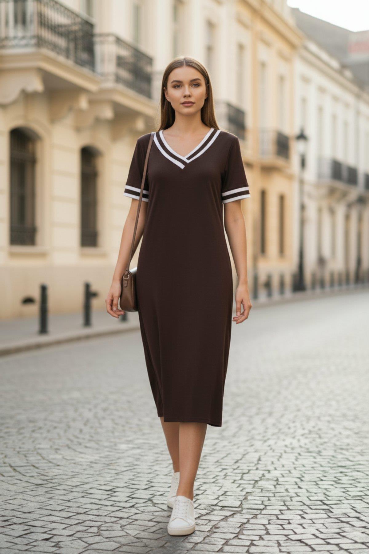 Kısa Kollu V Yaka Kol Ve Yaka Ribana Detay Midi Boy Viskon Elbise - Kahve