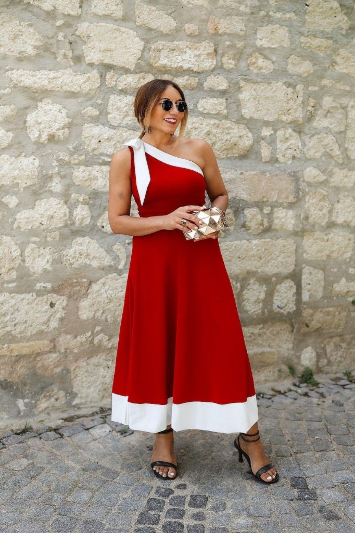 Tek Omuz Kurdele Detaylı İhtal Krep Elbise - Kırmızı