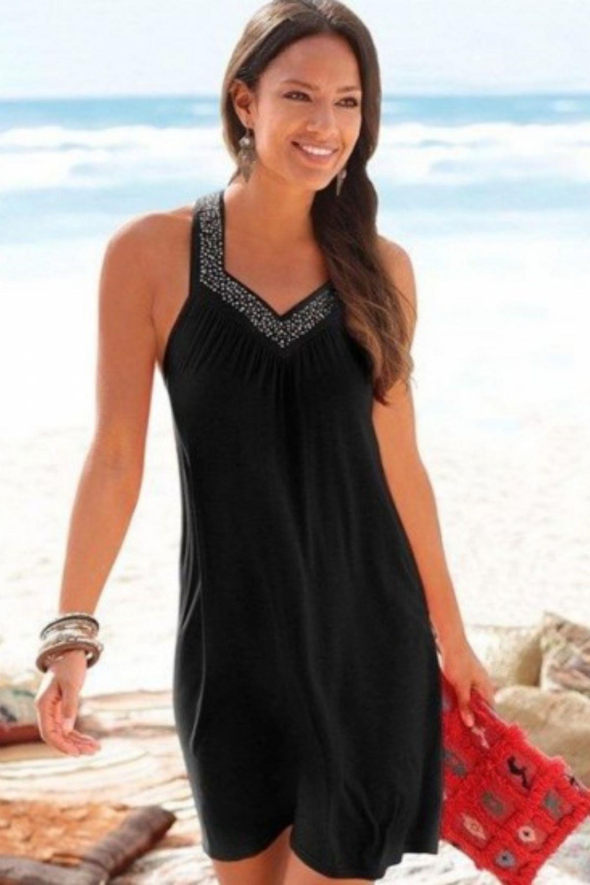 Askı Ve Yaka Taş İşlemeli V Yaka Viskon Elbise Siyah