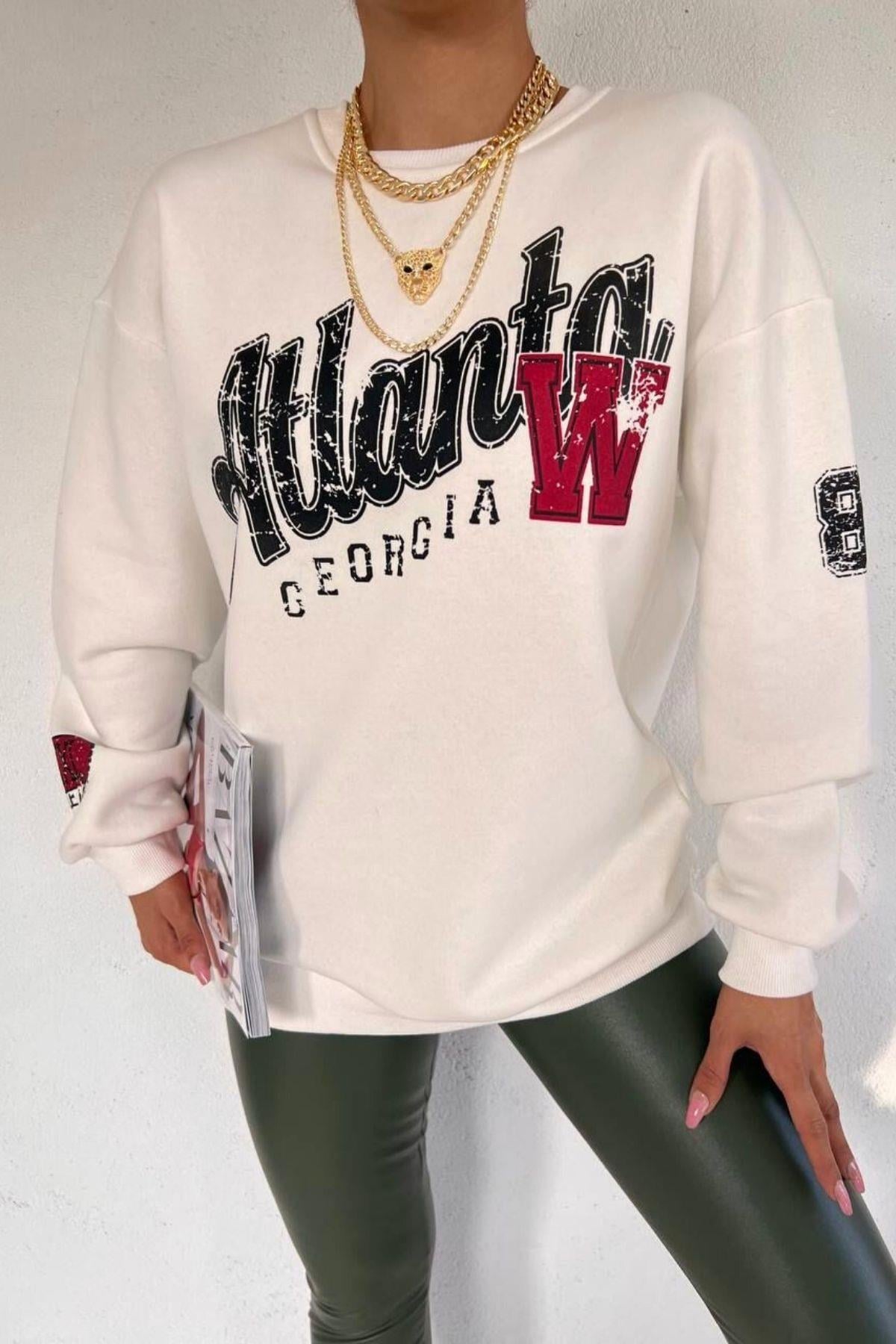 Atlanta Baskılı Basic Sweat Beyaz