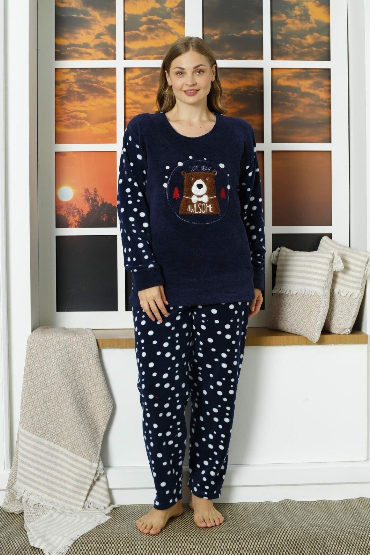 Awesome Bear Puantiyeli Polar Büyük Beden Pijama Takımı Lacivert