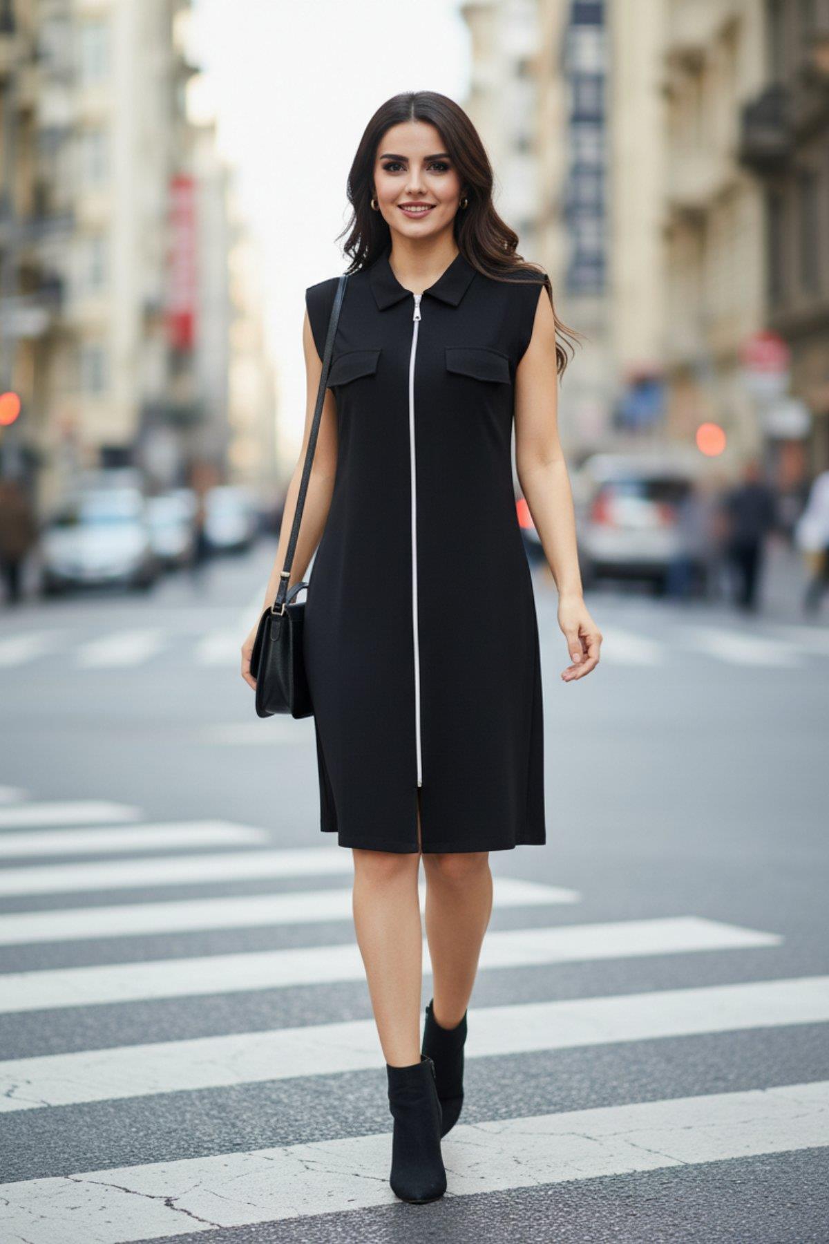 Kısa Kollu Fermuarlı Mini Modal Elbise - Siyah