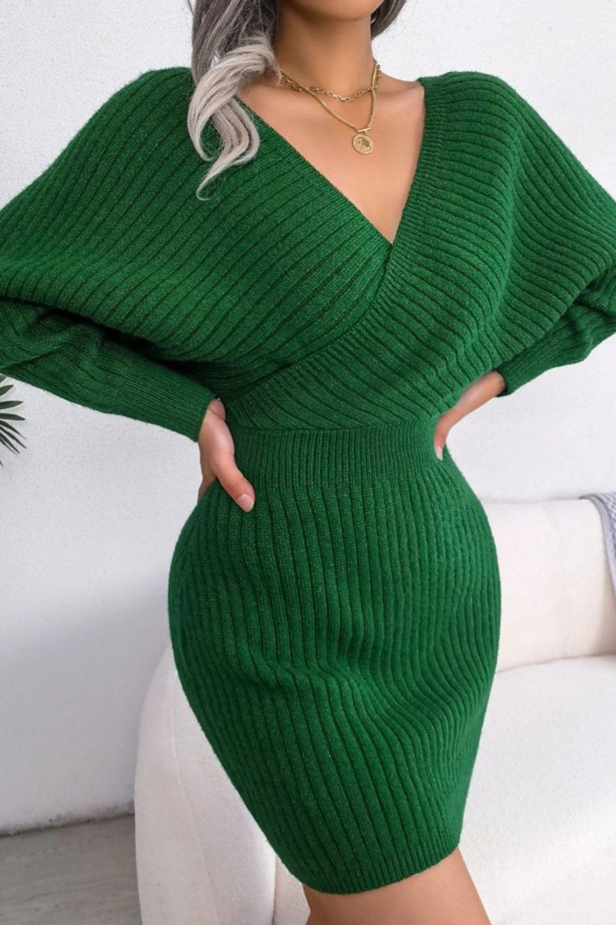 Kruvaze V Yaka Yarasa Kol Triko Elbise - Yeşil