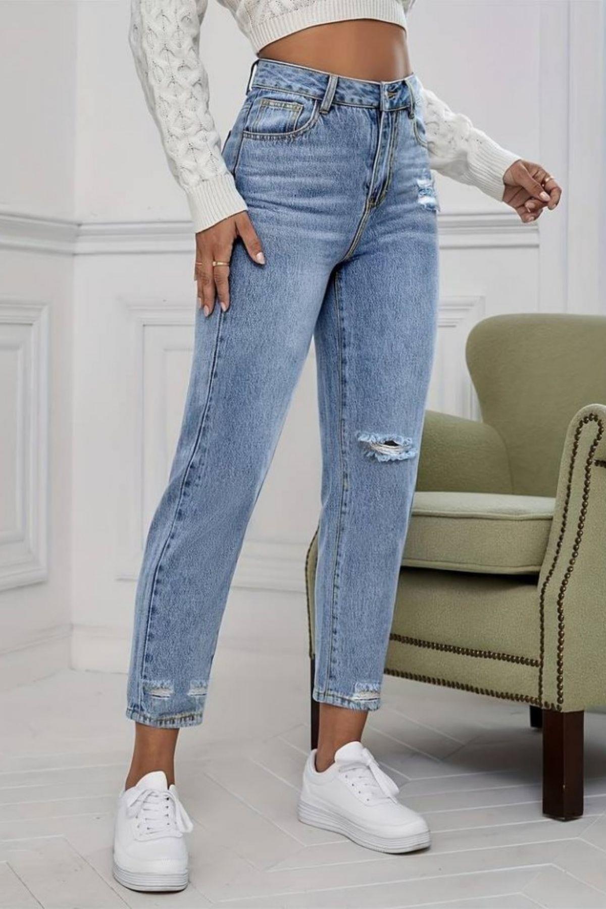 Yüksek Bel Mom Fit Yırtık Detaylı Jean Pantolon - Mavi