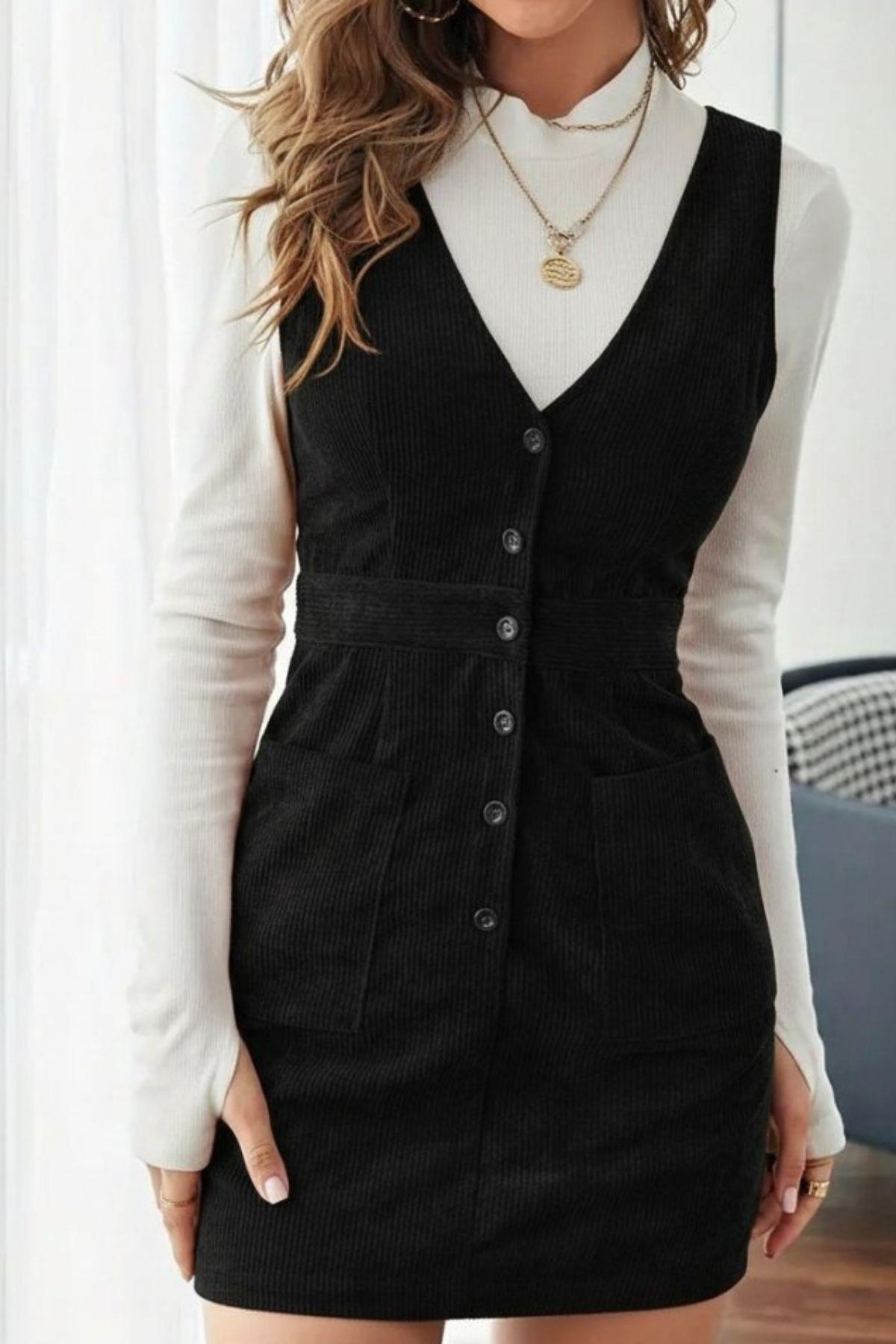 Düğmeli  Kadife Kumaş Mini Elbise - Siyah