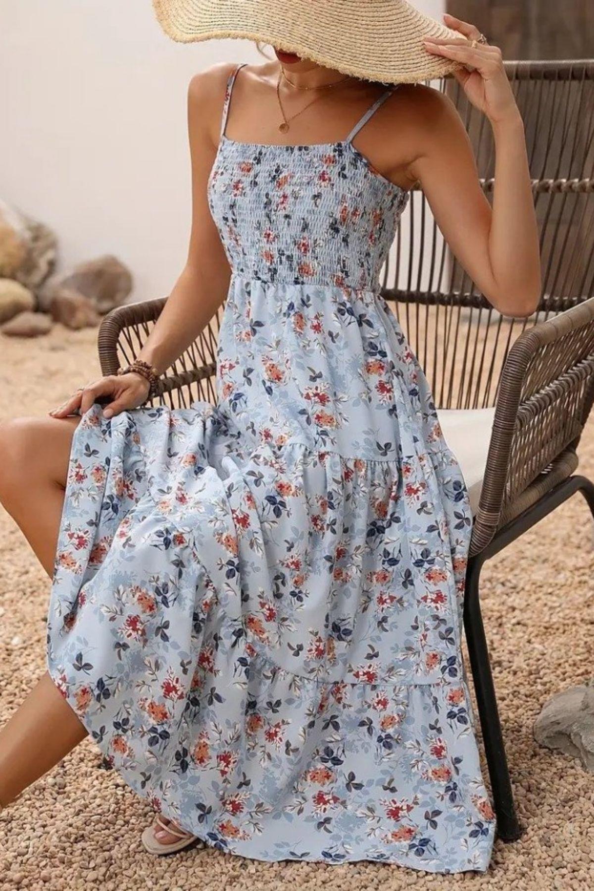 İp Askılı Çiçek Desenli Süprem Elbise - Mavi