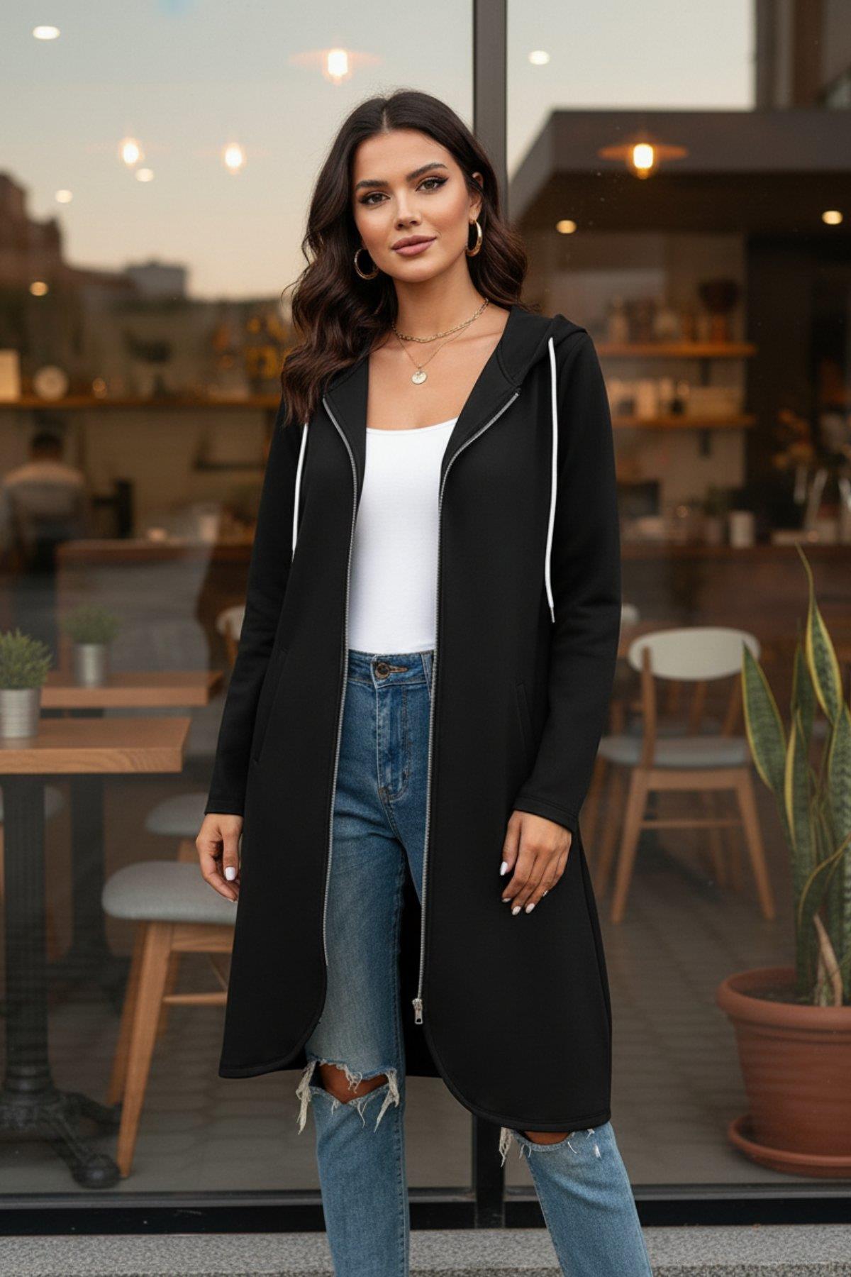 Kapüşonlu Fermuar Detaylı Dalgıç  Ceket - Siyah