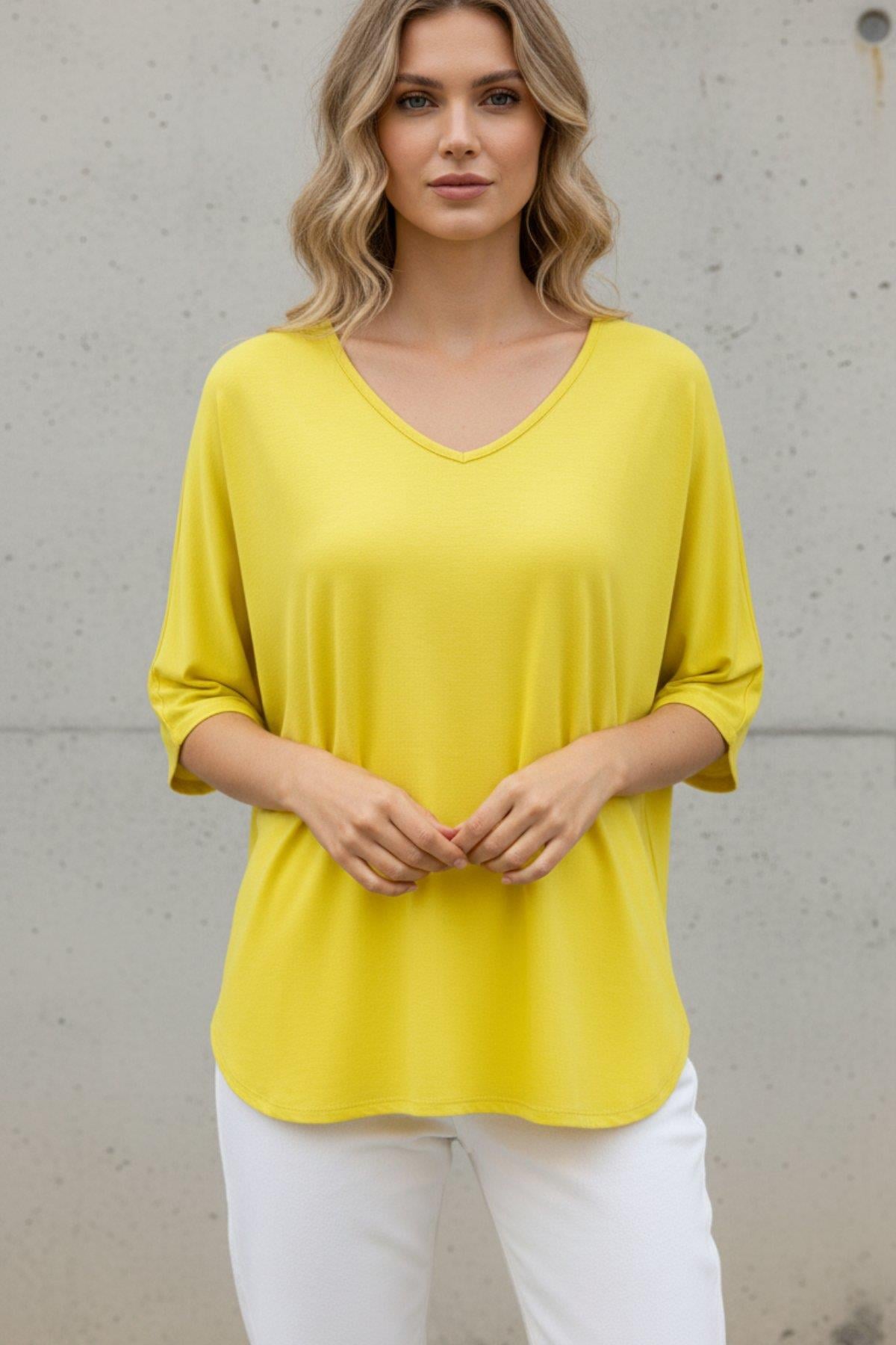 V Yaka Salaş Kesim Viskon Bluz - Sarı