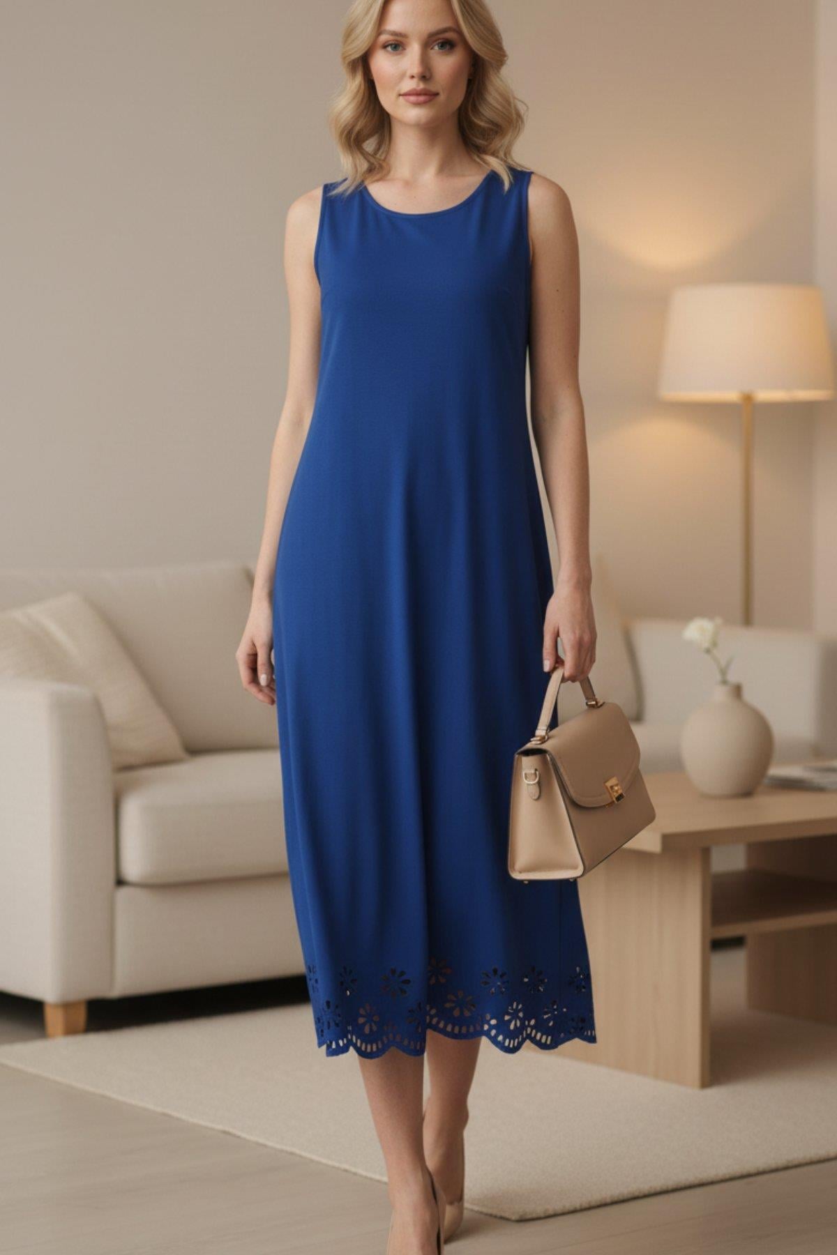 Etek Ucu Lazer Kesim Çiçek Desenli Midi Boy Elbise - Saks