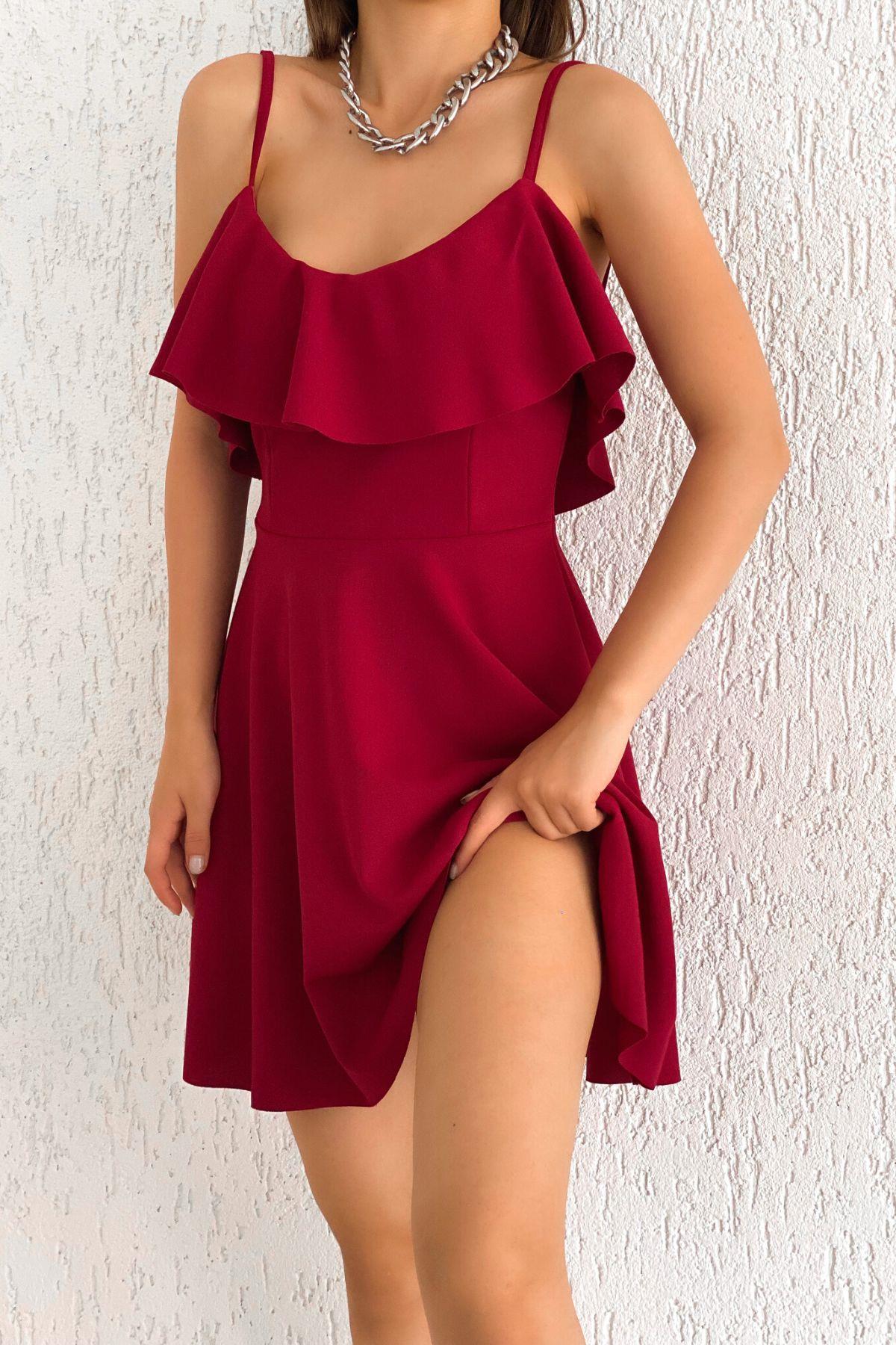 Bağlamalı Fırfırlı Krep Elbise Bordo
