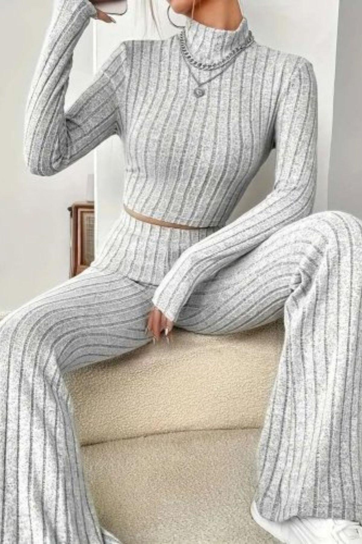 Balıkçı Yaka Crop Ve Pantolon Şardonlu Kaşkorse İkili Takım Gri