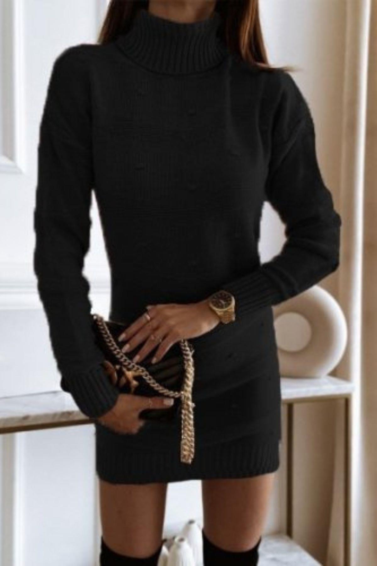 Balıkçı Yaka Triko Mini Boy Elbise Siyah