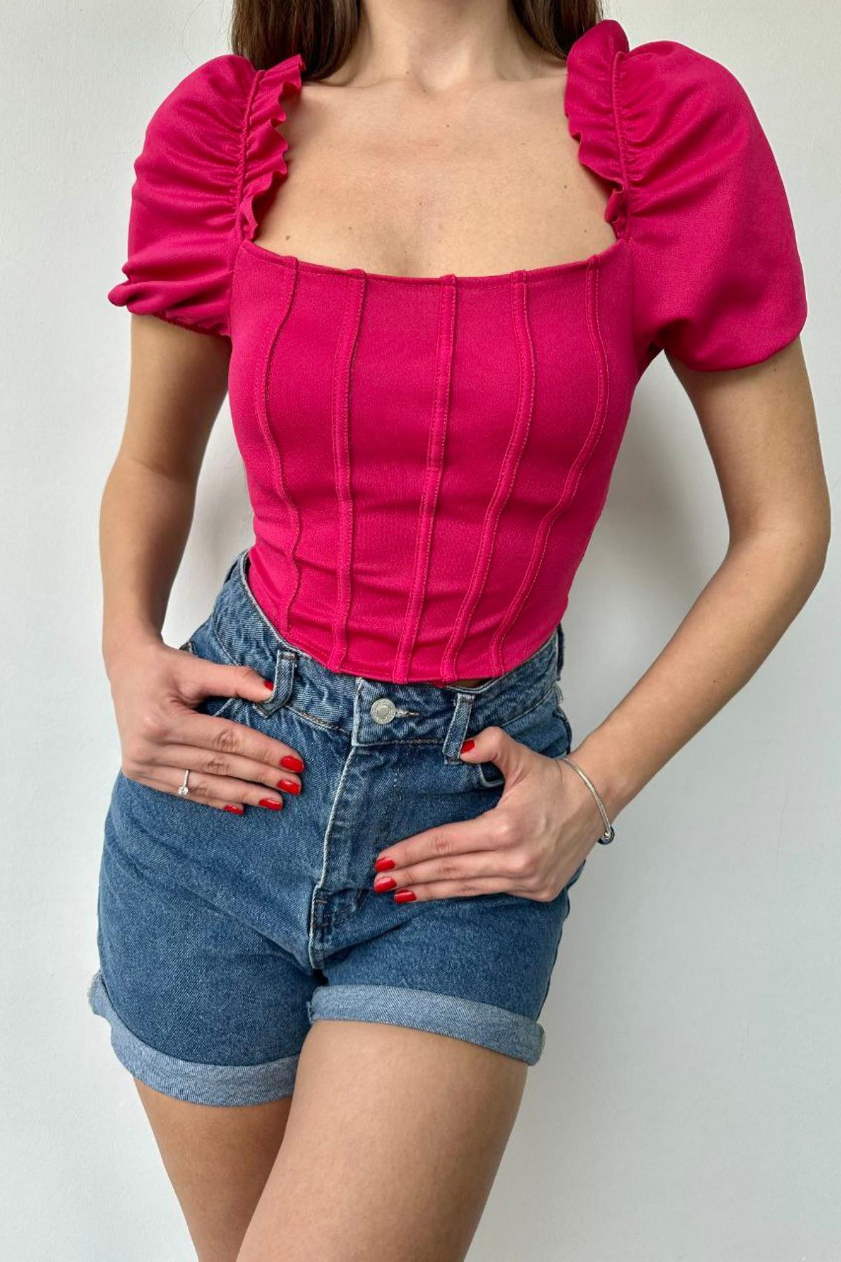 Balon Kol Büstiyer Crop Fuşya
