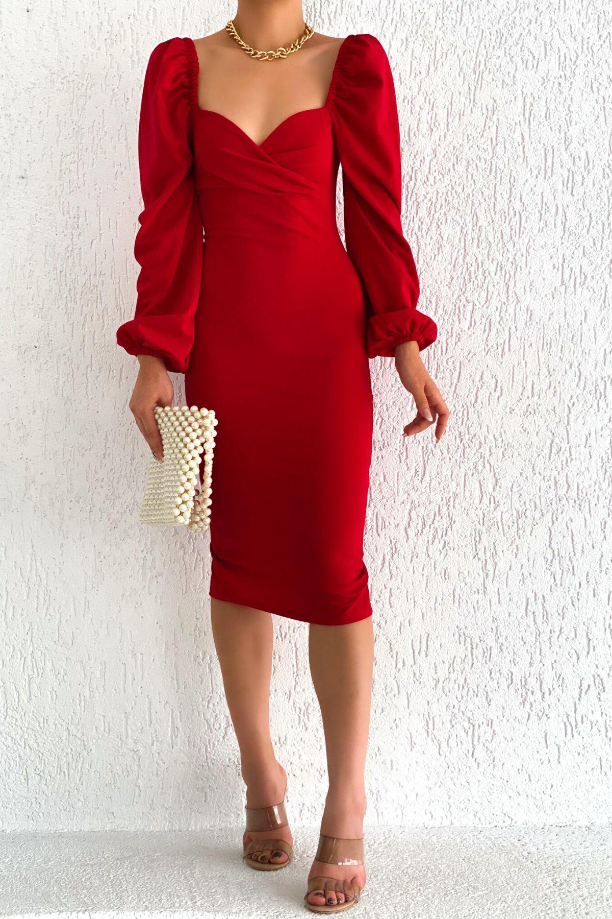 Balon Kol Midi Boy Elbise Kırmızı