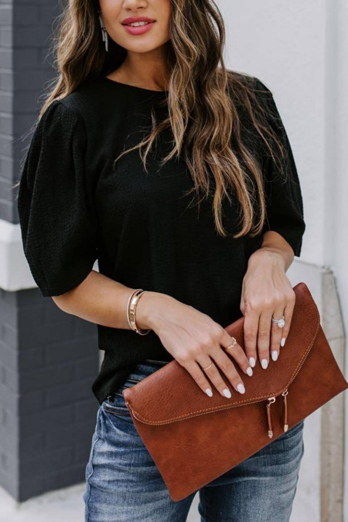 Balon Kol Pileli Bürümcük Bluz Siyah