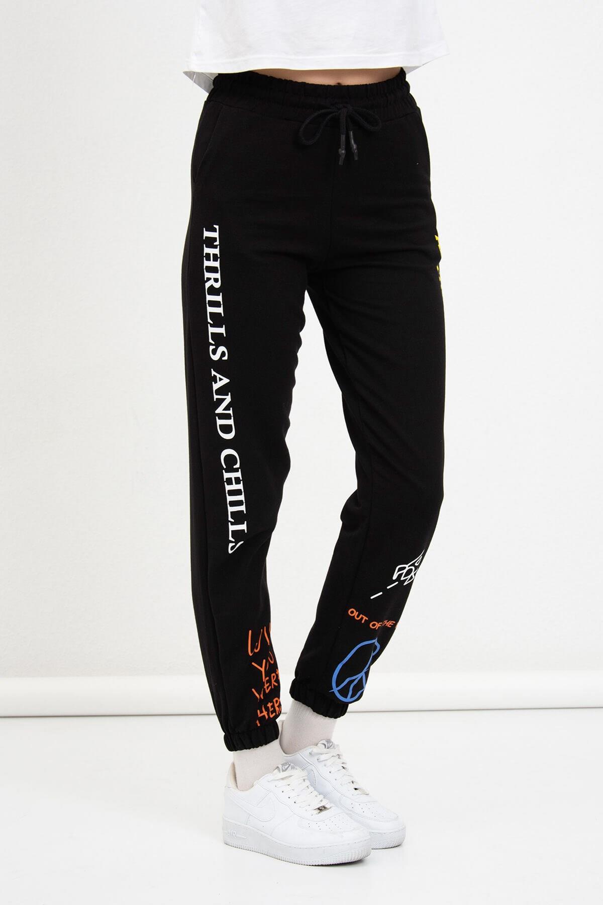 Baskılı Eşofman Altı Siyah