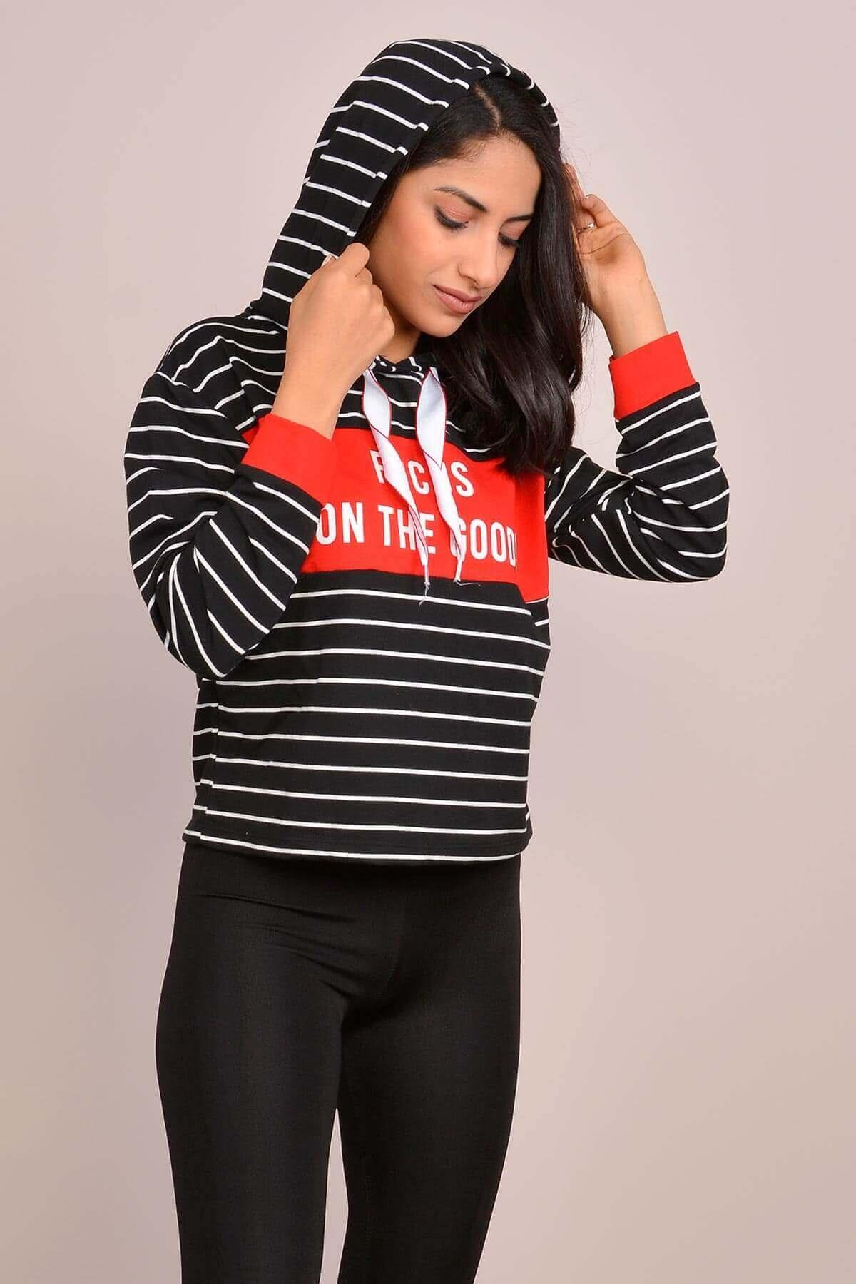 Baskılı Kapüşonlu Kadın Sweatshirt Siyah