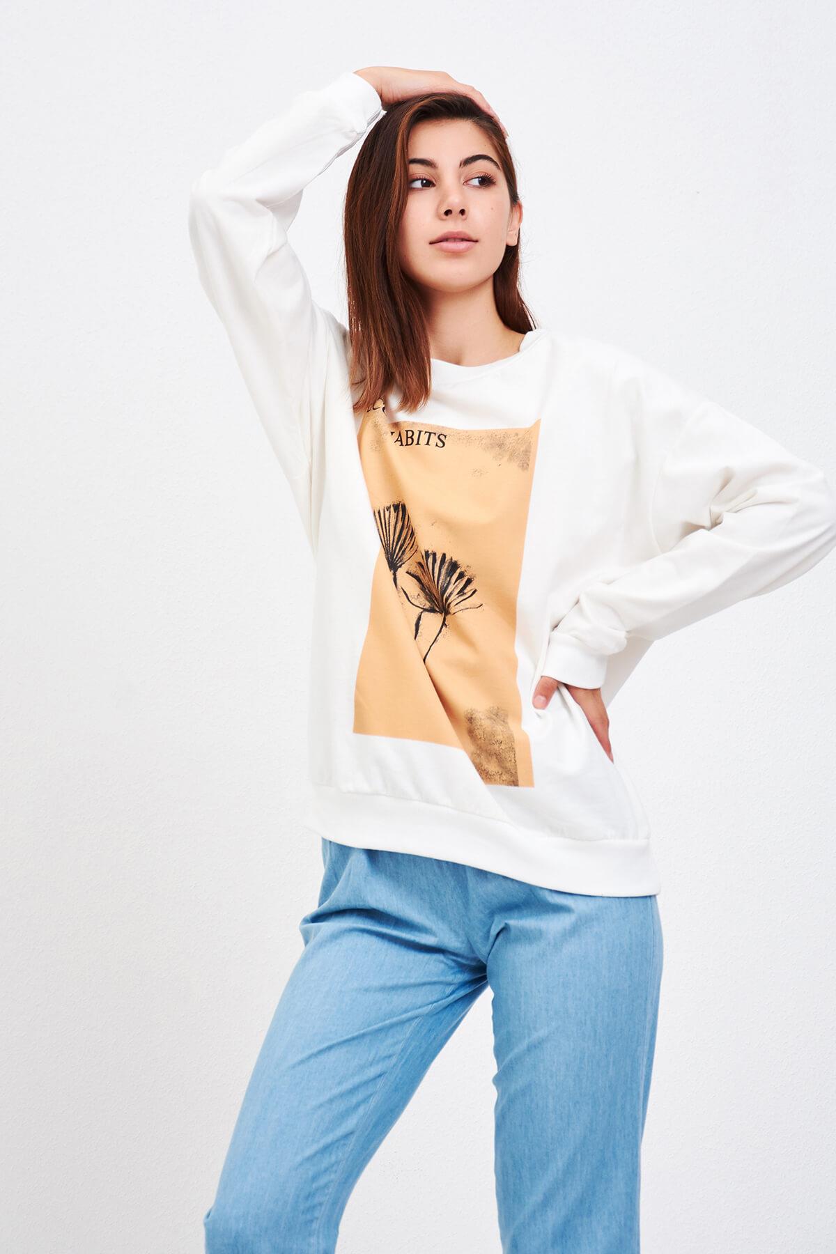 Baskılı Sweat Beyaz