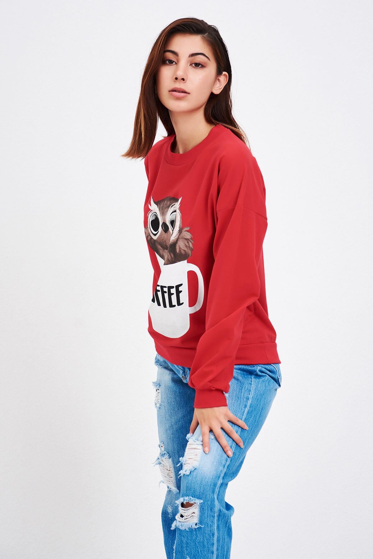 Baykuş Baskılı Sweat Kırmızı