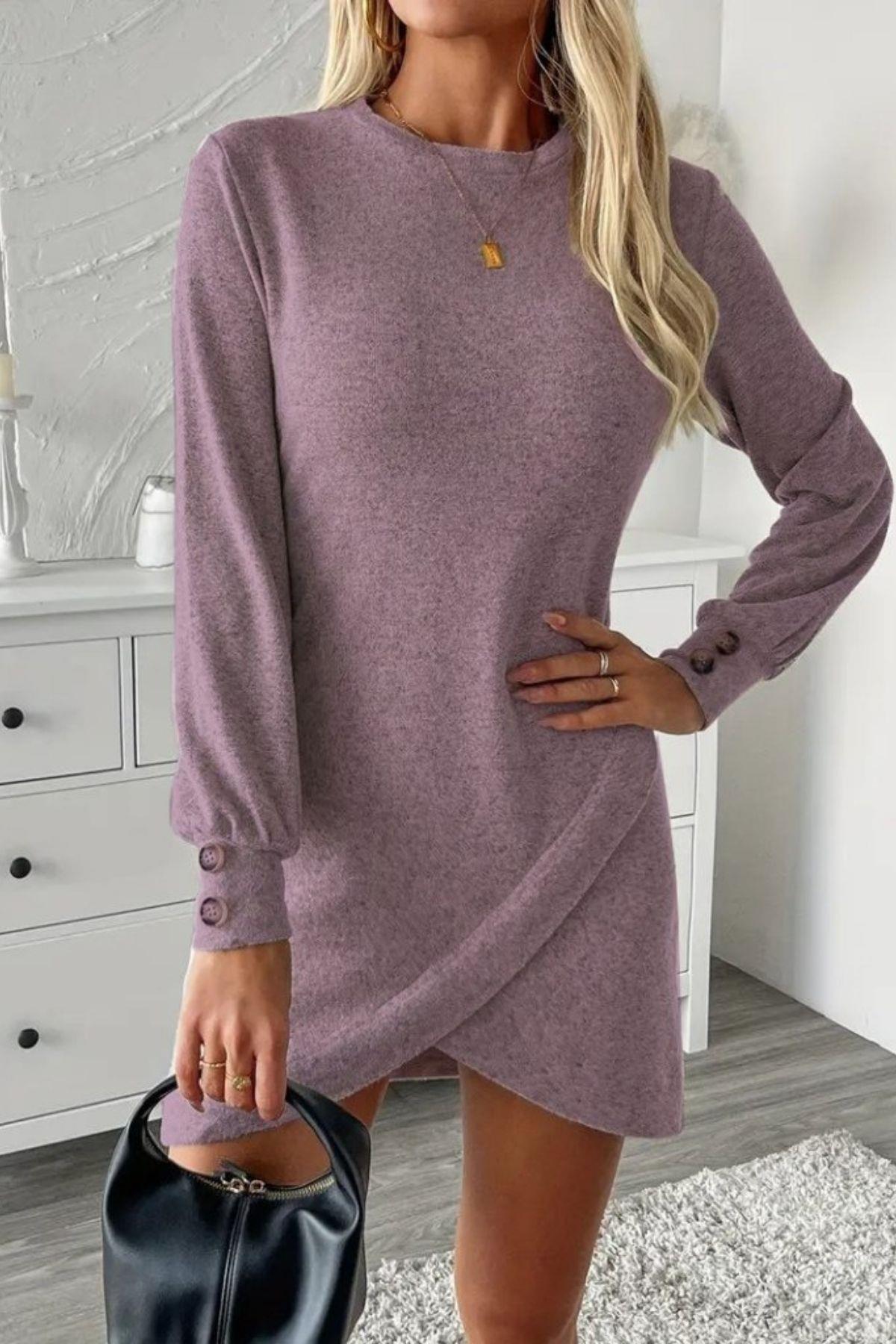 Uzun Kollu Düğmeli Manşetli Balon Kol Mini Yumoş Elbise - Pembe