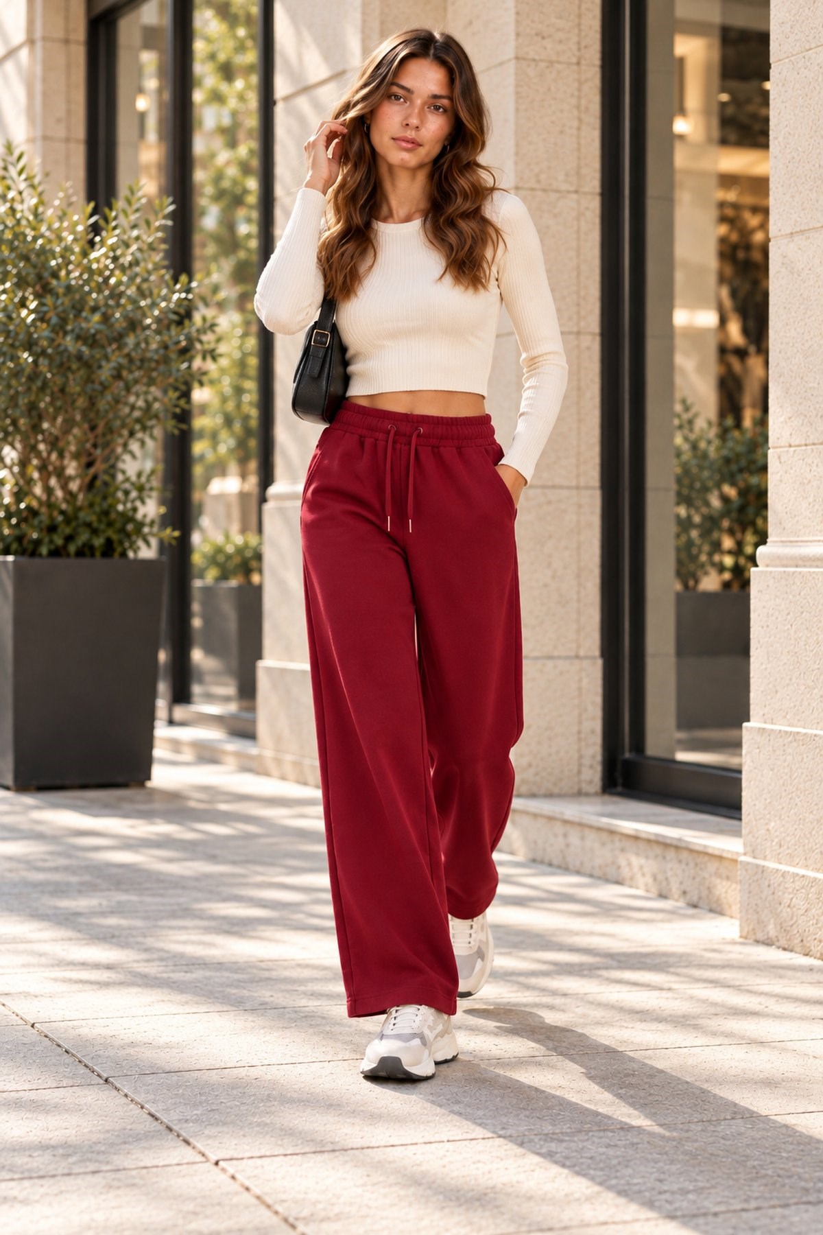 Oversize Kalın İçi Şardonlu Düz Paça Kadın Eşofman Altı Bordo