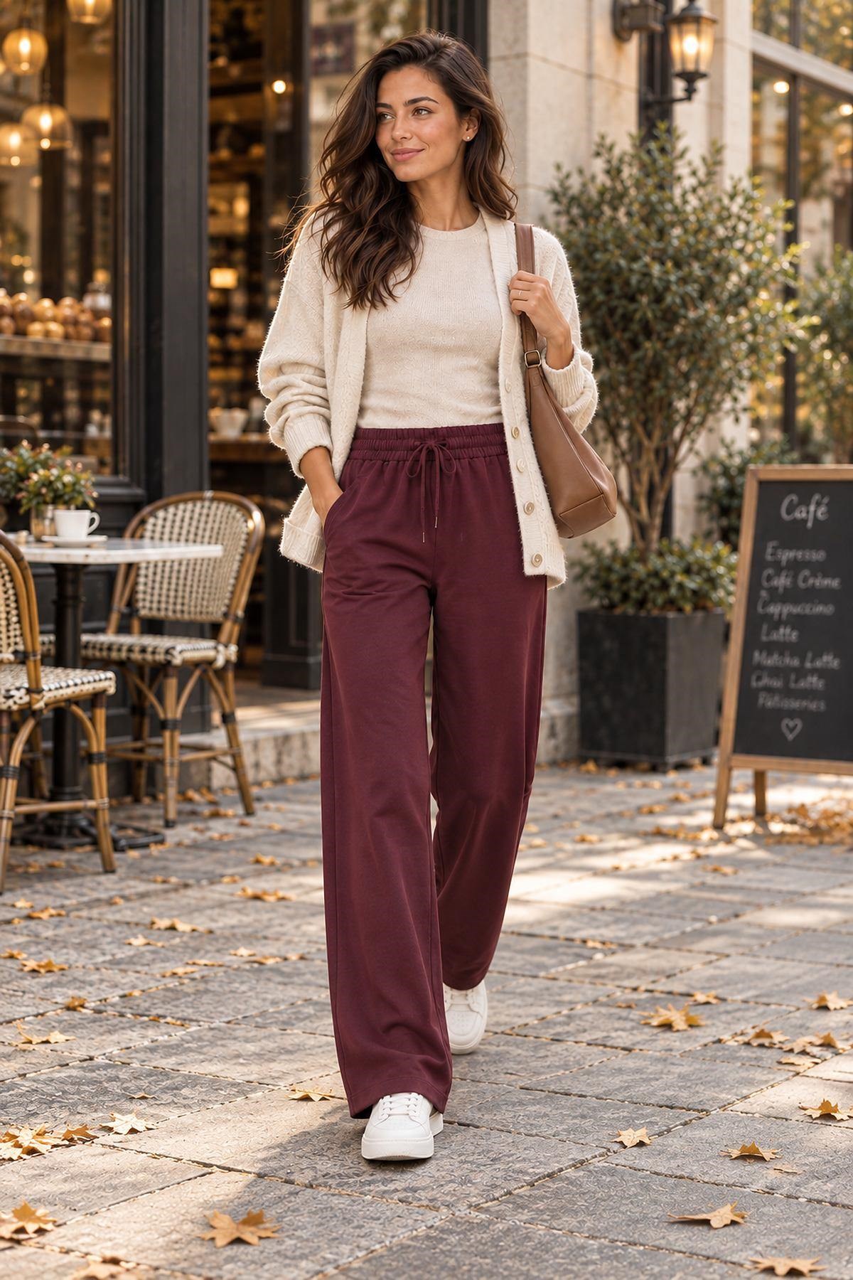 Modal Kumaş Beli Lastikli Bağcıklı Düz Kesim Pantolon Bordo