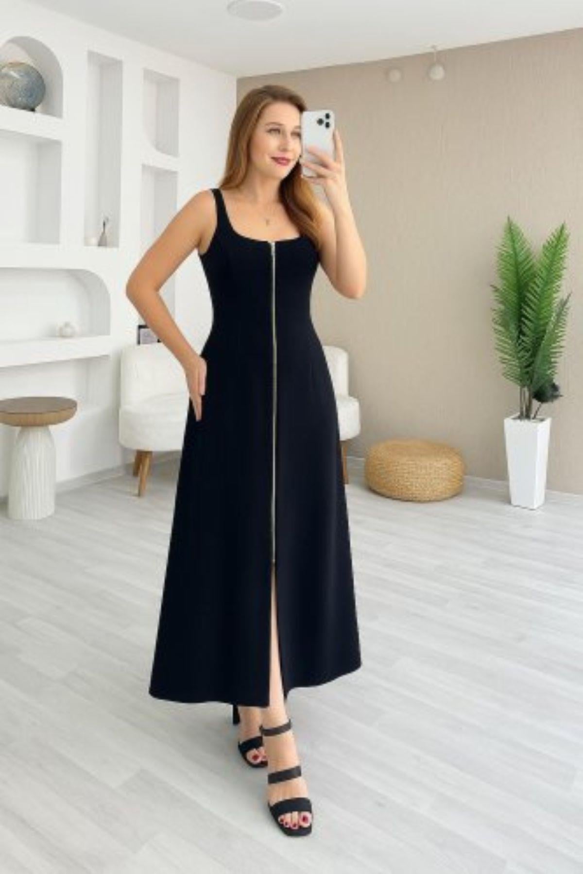 Kare Yaka Önü Fermuarlı Uzun Krep Elbise - Siyah