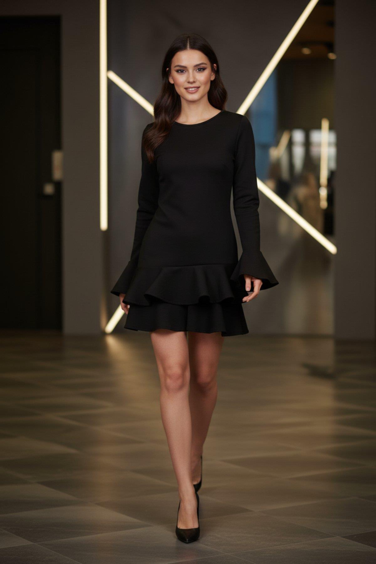 İspanyol Kol Fırfırlı Mini Krep Elbise - Siyah