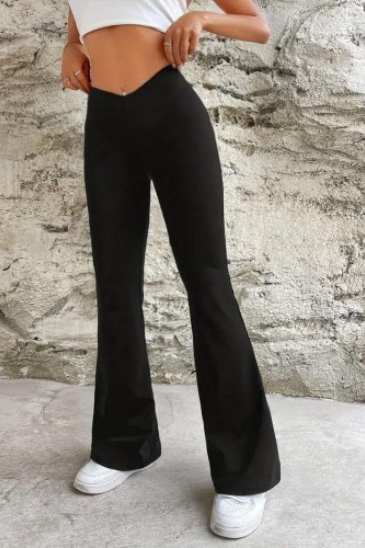 Bel Detaylı İspanyol Paça Dalgıç Pantolon Siyah