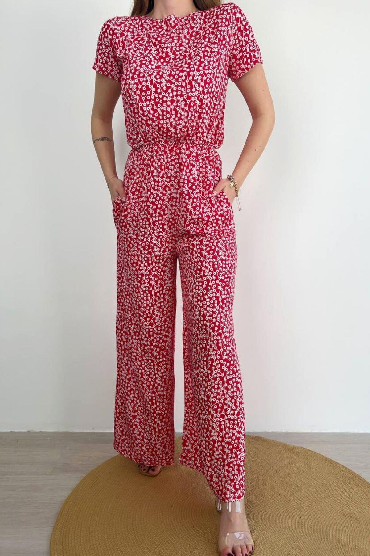 Bel Lastikli Bol Paça Tulum Kırmızı