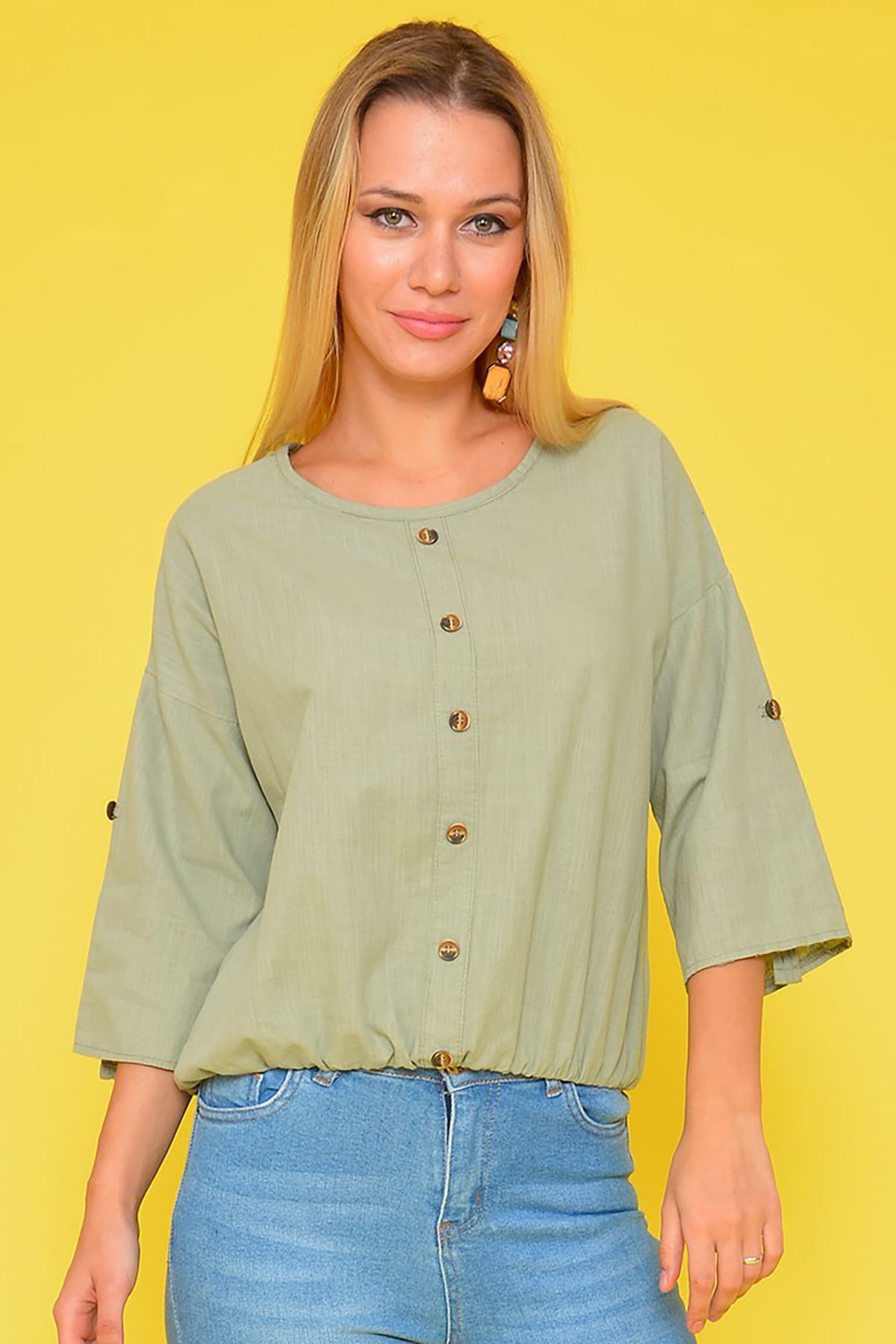 Bel Lastikli Düğmeli Bluz
