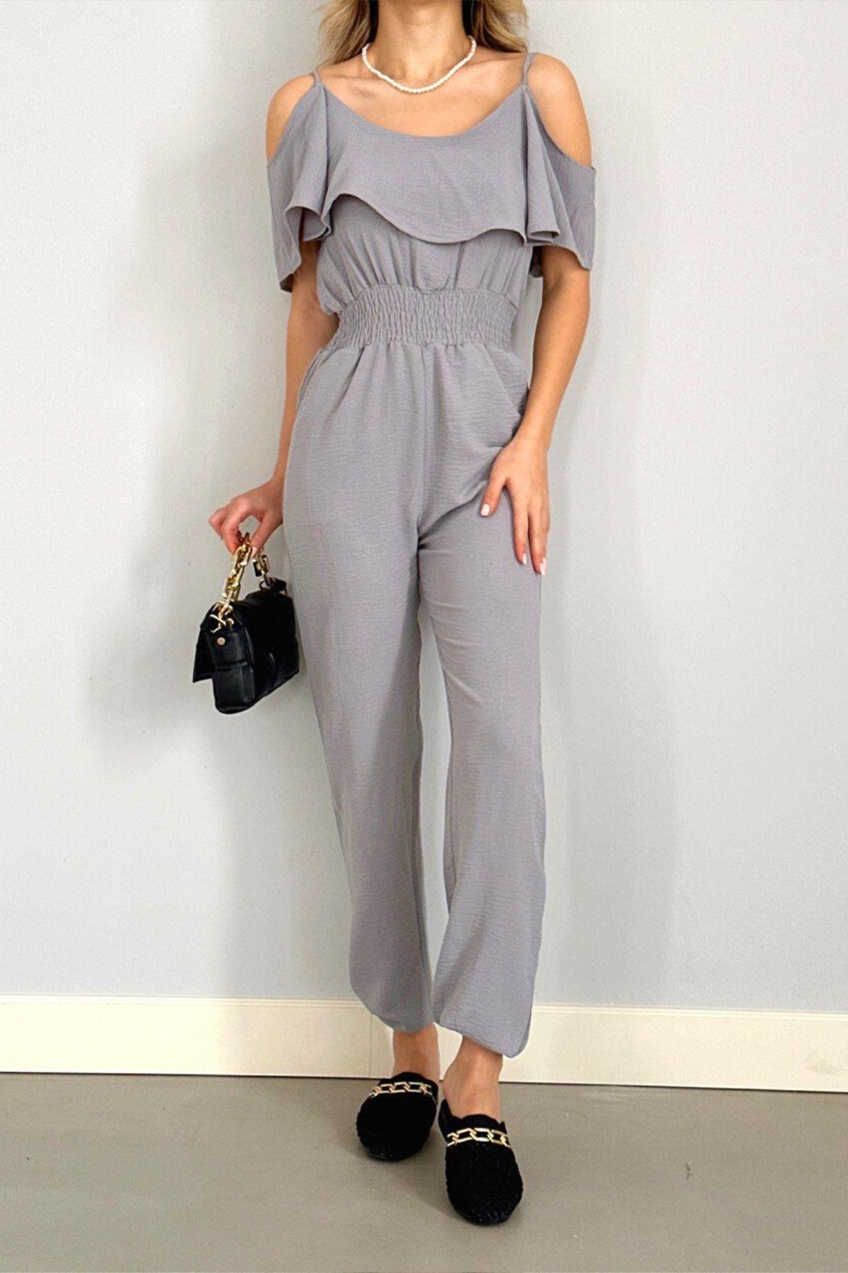 Bel Lastikli İp Askı Cepli Tulum Gri