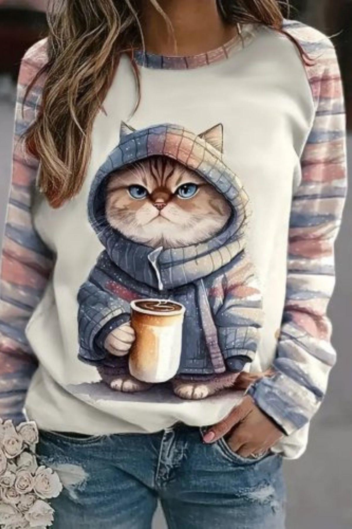 Bisiklet Yaka Kedi Baskılı Şardonlu Dalgıç Bluz Beyaz