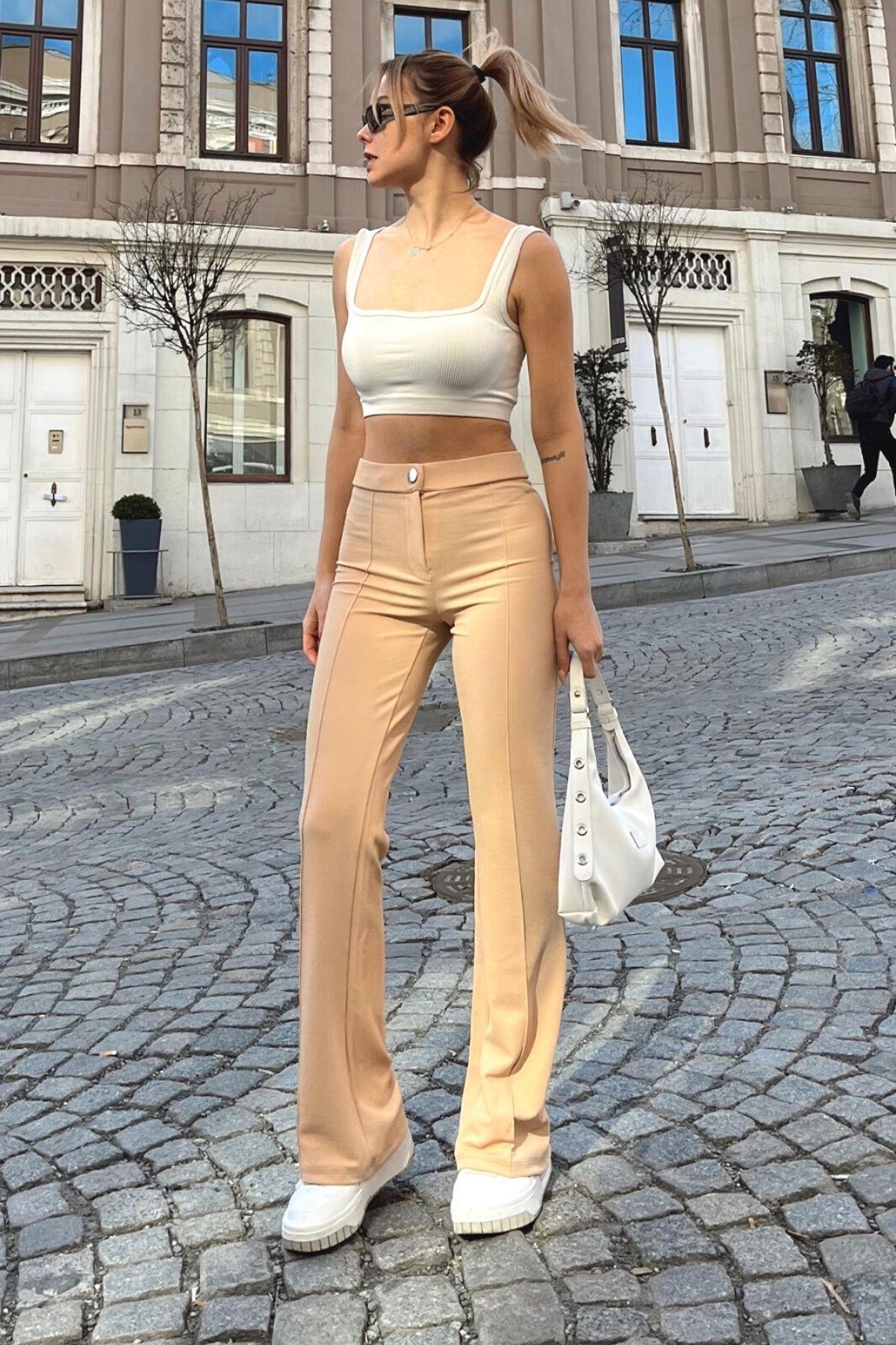 Biyeli Geniş Paça Pantolon Bej